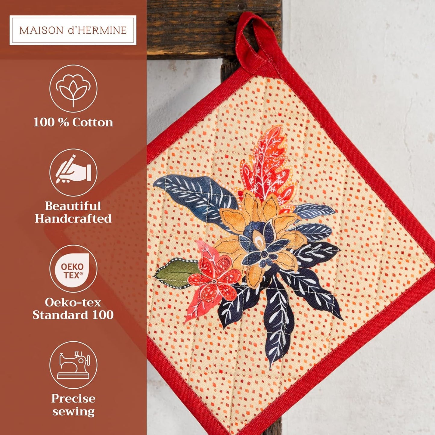 Maison d' Hermine Pot Holders Set 100% Cotton Heat Resistant Potholders 8" x 8" Hot Pads with Loop BBQ, Cooking, Baking, Grilling, Kitchen, Handling Hot Pans (Pack of 2, Kalahari)