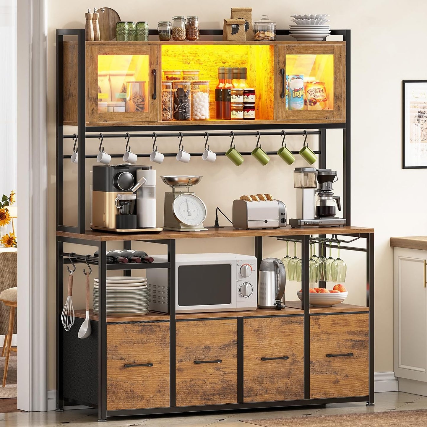 Itaar Bakers Rack with Power Outlet and LED Light, 47.2'' Microwave Stand with Storage, Kitchen Coffee Bar Cabinet with Glass Door, 4 Drawer, Wine Rack, Goblet Holder and 12 Hooks, Rustic Brown