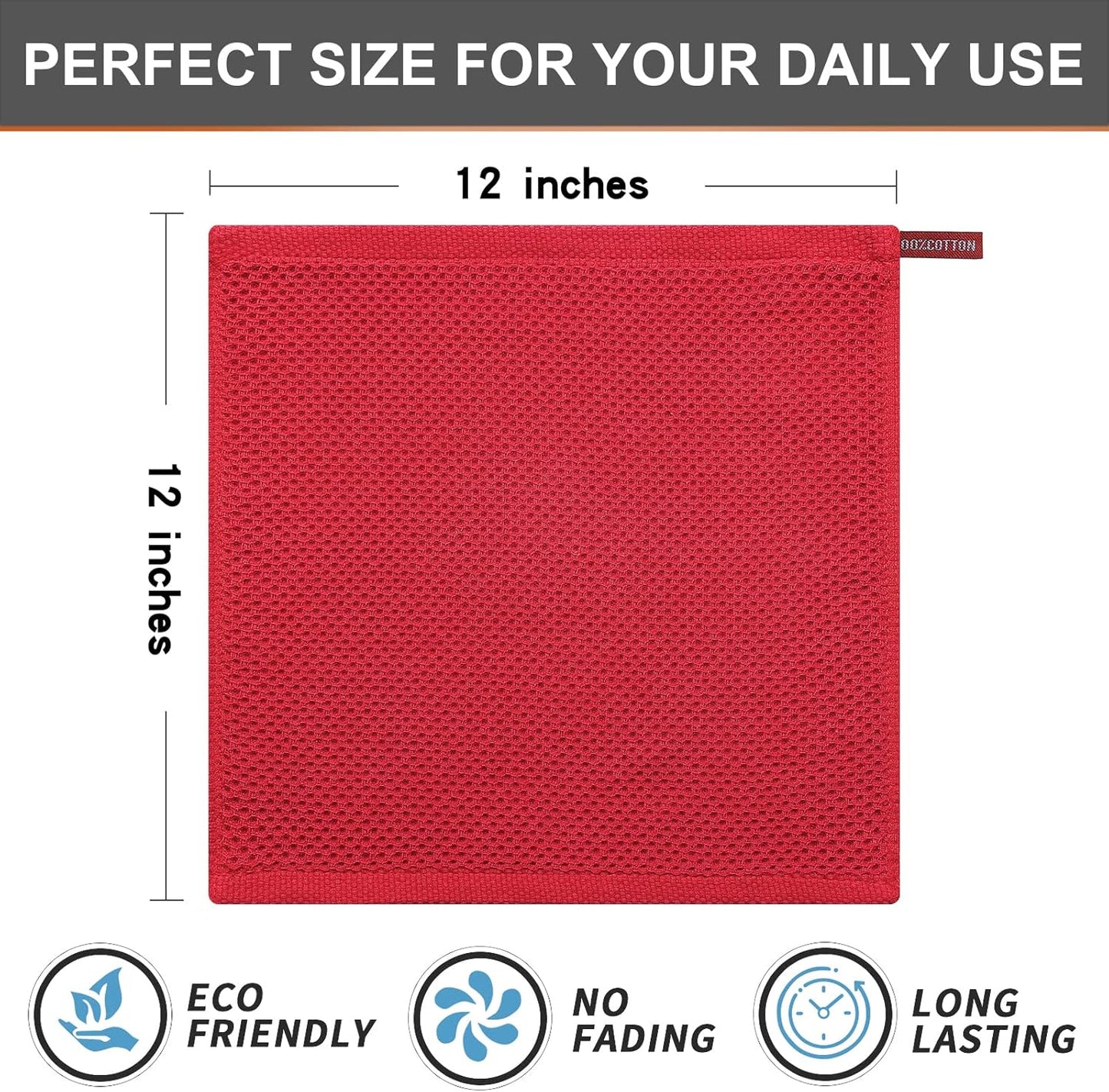 Kitinjoy 100% Cotton Kitchen Dish Cloths, 6 Pack Waffle Weave Ultra Soft Absorbent Dish Towels for Drying Dishes Quick Drying Kitchen Towels Dish Rags, 12 X 12 Inches, Red