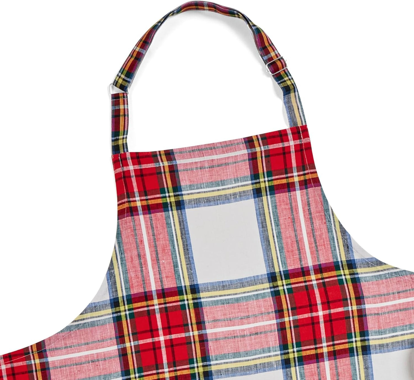 Solino Home Linen Bib Apron for Men & Women - White Plaid Kitchen Apron with Front Pockets - Handcrafted from European Flax