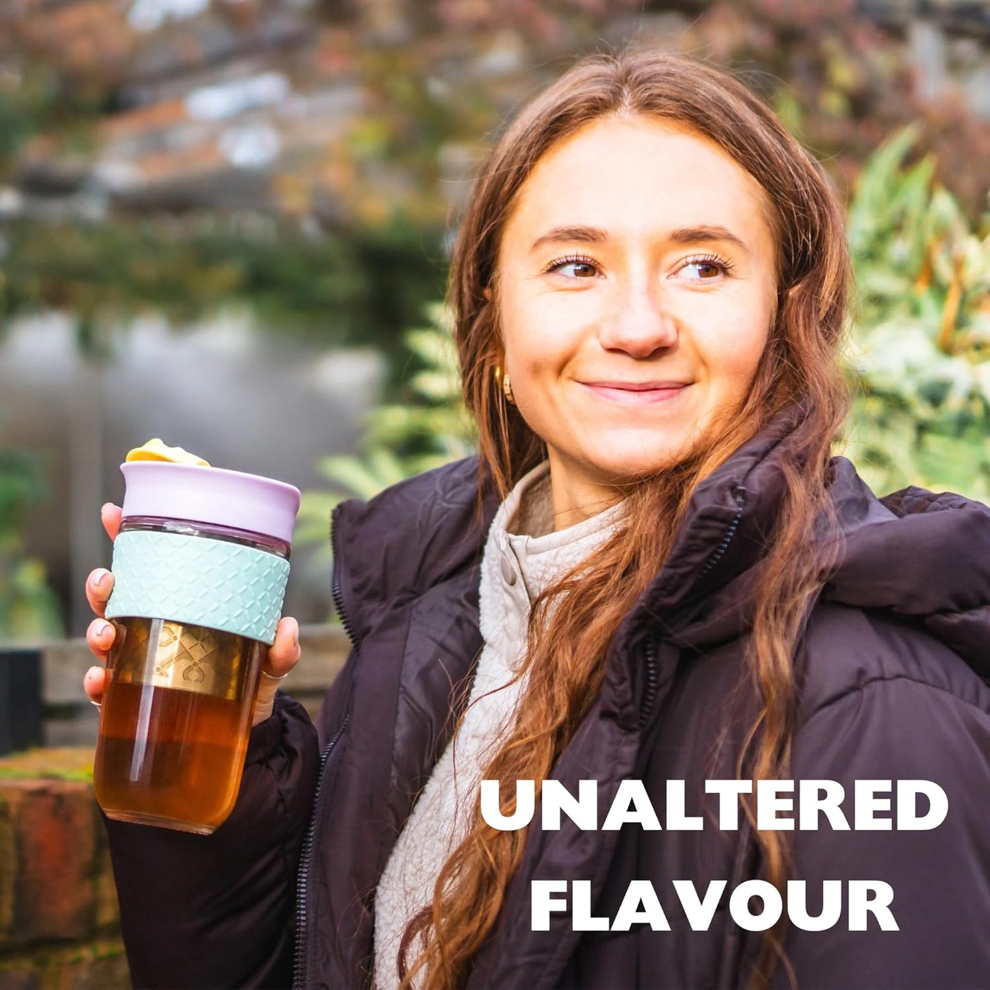 Large Travel Mug Loose Tea Infuser - Detachable Tea Strainer with Spill Proof Lid - 18oz/530ml BPA-Free Reusable Glass Travel Coffee Cup with Silicone Band (Pink) (Ice Cream)