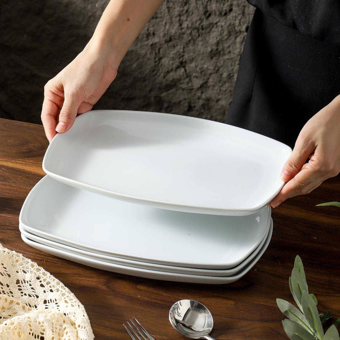 fMBB White Rectangular Plate Set, Ceramic Large Serving Platters, 12 Inch Dessert Trays for Party, Entertaining, Food, Appetizers, Dishwasher and Oven Safe Salad Dishes Set of 4