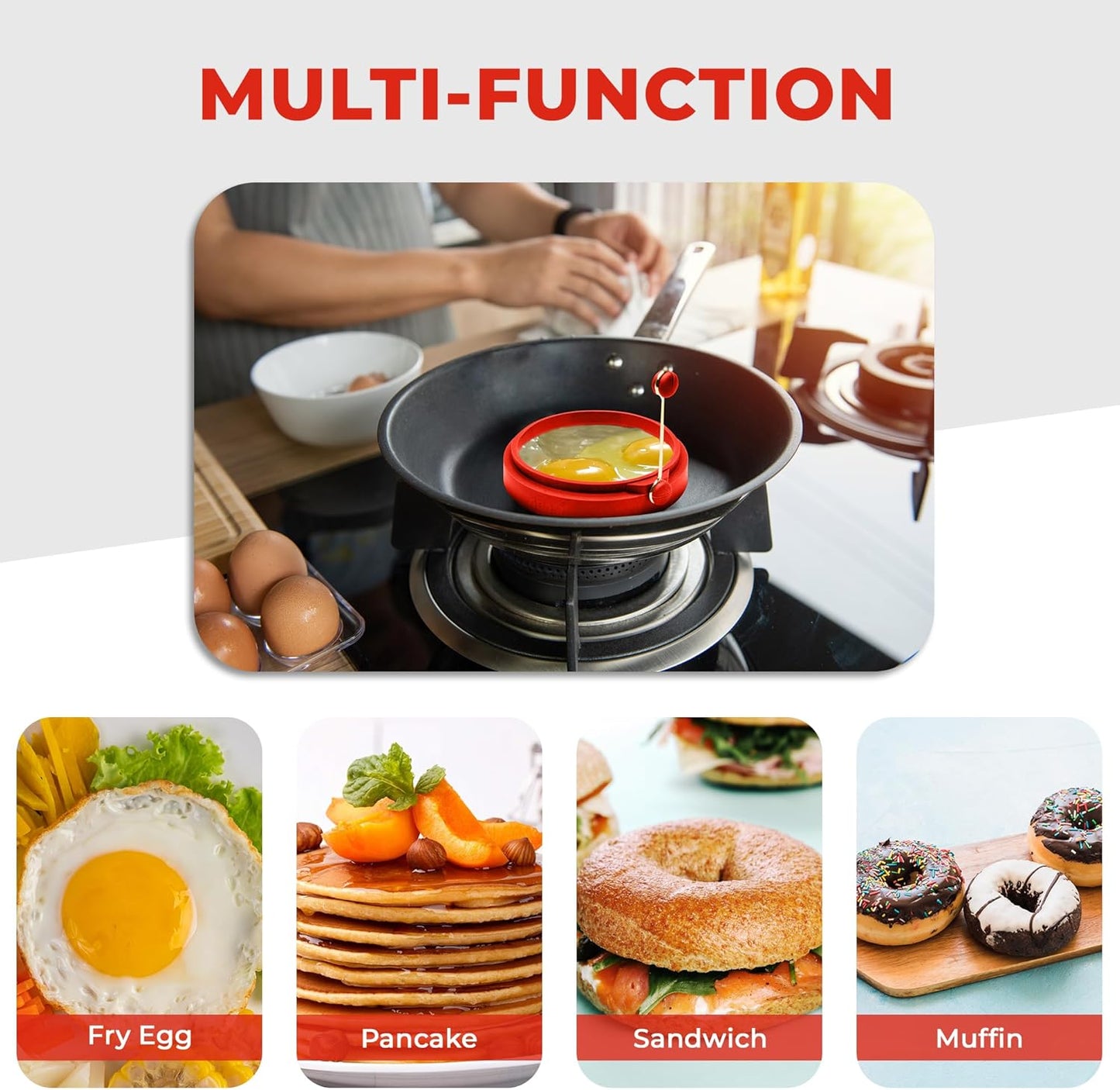 Professional 4 Inch Silicone Egg Ring, Pancake Mold Egg Mold for Breakfast Sandwiches, Omelets and More, Nonstick Ring, Round Blue (Pack of 4), Free e-Book by Abam (Red)