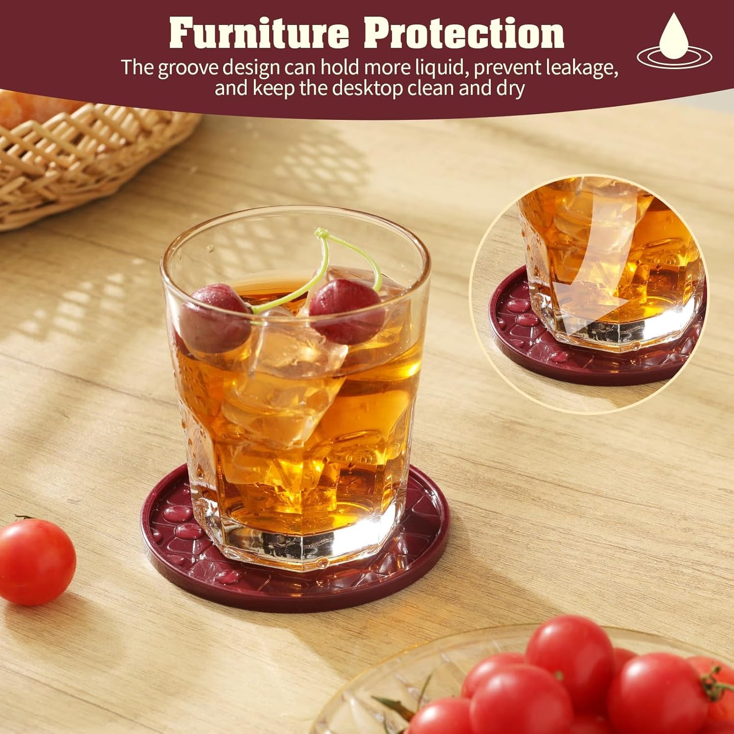 Coasters,Drink Coasters Set of 8 with Holder (Wine red, 12pcs)