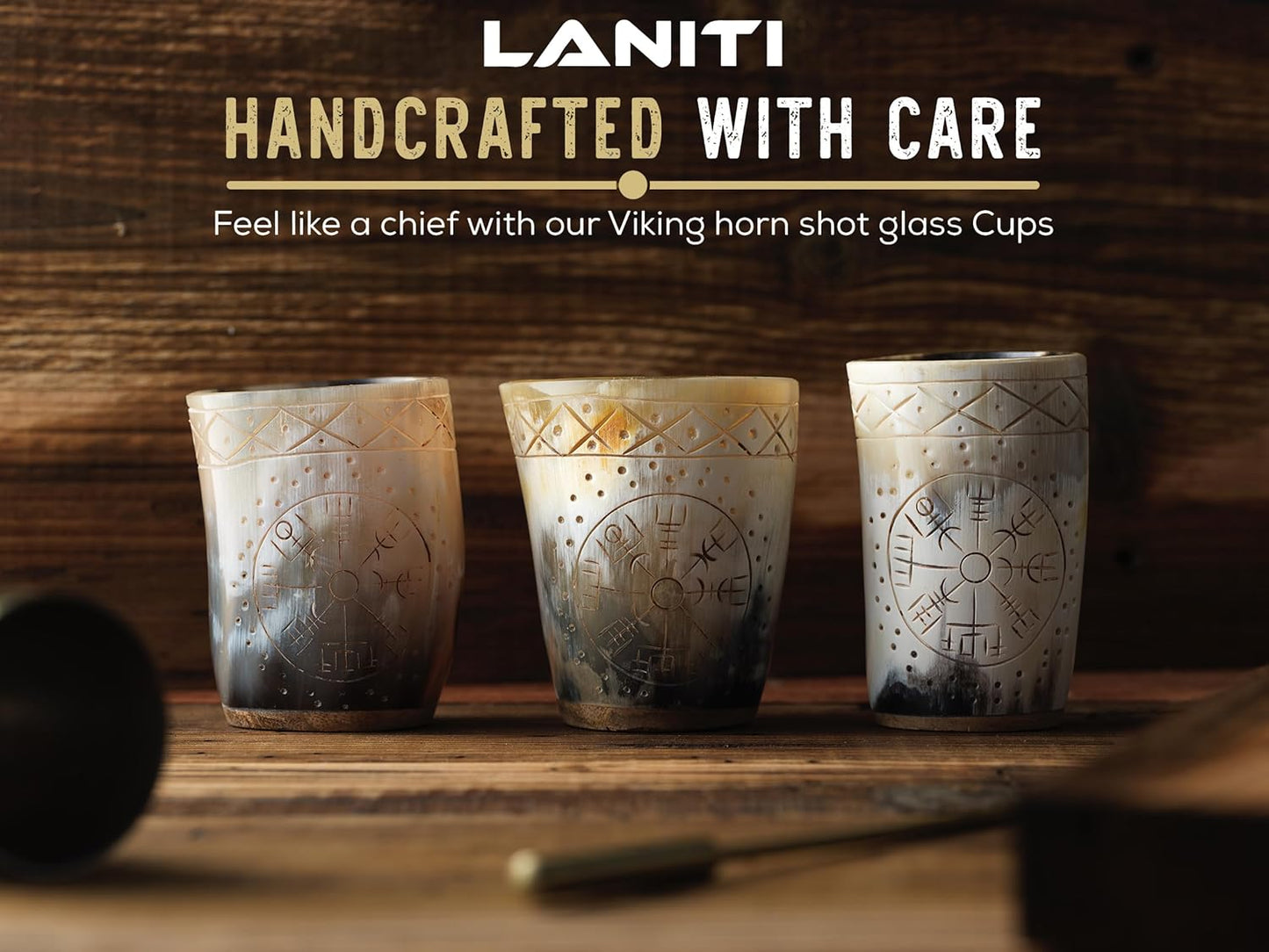 Ox Horn Shot Glass Set of 4 – Handcrafted Viking Cups with Unique Engraved Design – Cool Norse Horn Shot Glasses for Ancient Age Whiskey, Mead & Spirits – Rustic Gift for Men, Barware Collection