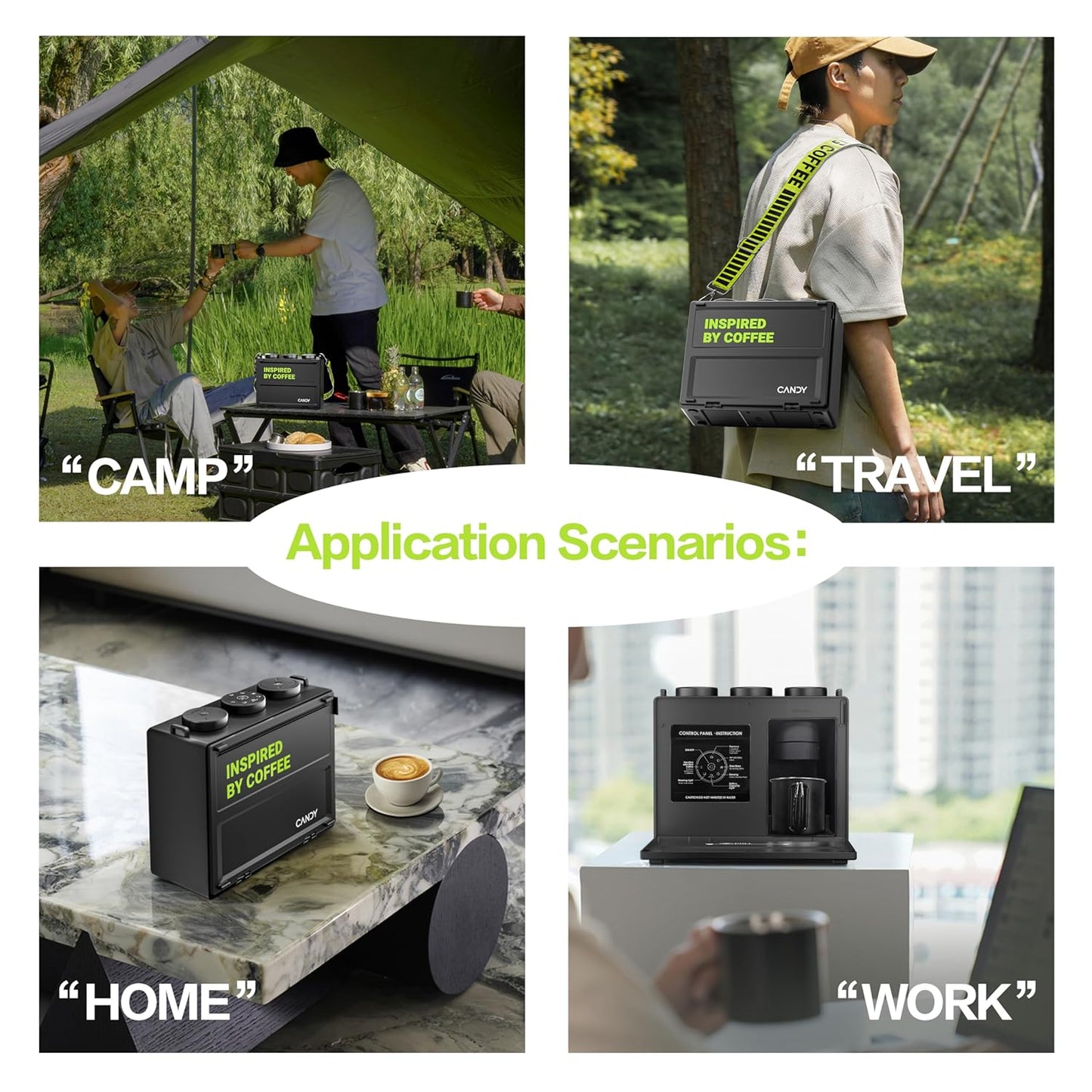 Candy™ Portable Espresso Coffee Maker with Strap for Travel, 3 in 1 One-Touch Operation, Rechargeable Up to 60 Cups(Cold), for Ground, Ideal for Camping, RV & Outdoor Use, Fast Heating in Plug-in Mode