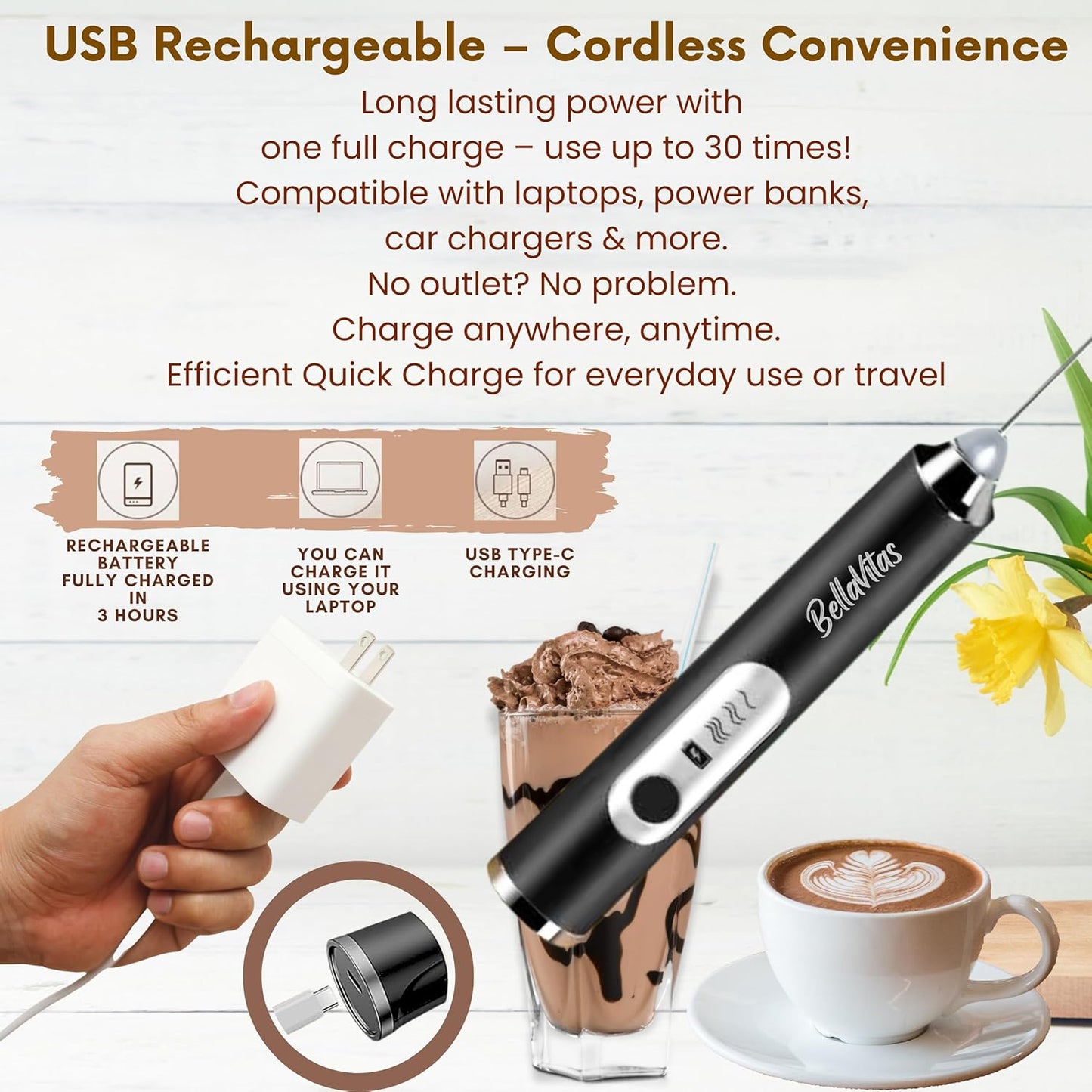 Milk Frother Handheld Rechargeable 3-Speed Electric Frother Wand Whisk Foam Maker Drink Mixer with Stand, 2 Whisks, Spice Shaker, Art Stencils, Art Pen for Coffee Latte, Cappuccino, Black