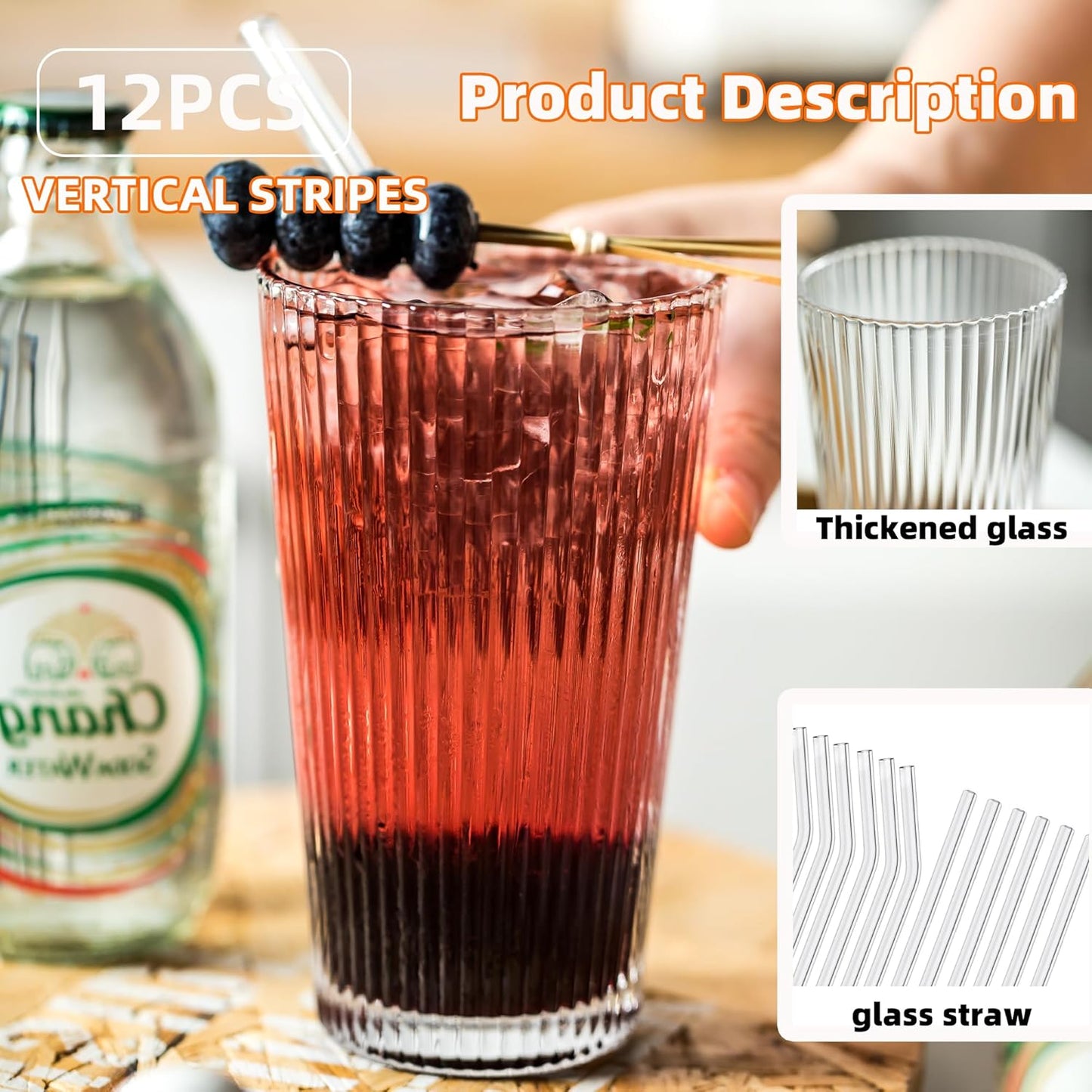 KEMORELA 12-Piece Vintage Ribbed Glassware Set, Old Fashioned Glasses, 16oz Clear Drinking Glasses with Straws, Ideal for Party and Casual Drinking - Classic Design for Any Occasion