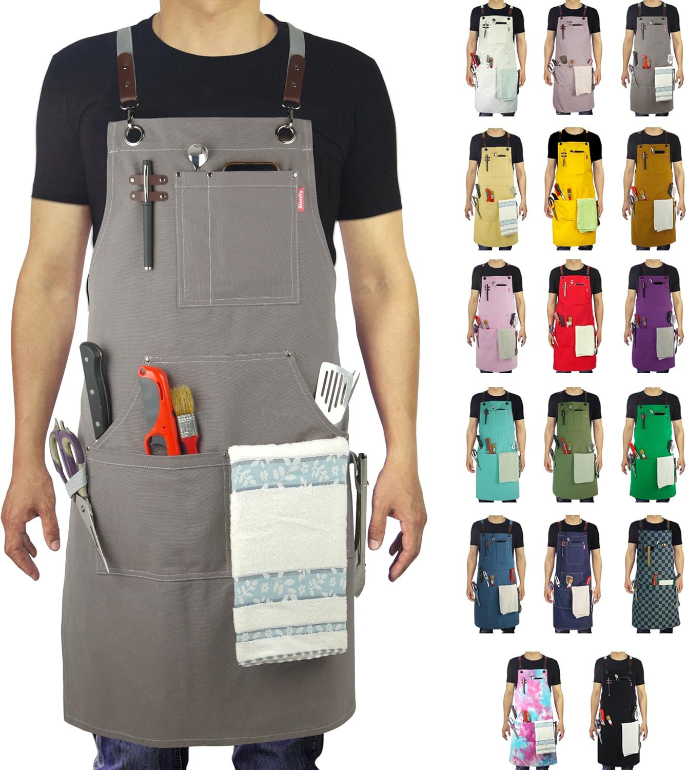 Kitchen Apron, Work Apron, Canvas, Multiple Pockets, Gardening, Painting, BBQ, Artist, Carpenter, Sizes M to XXL, Dark Gray