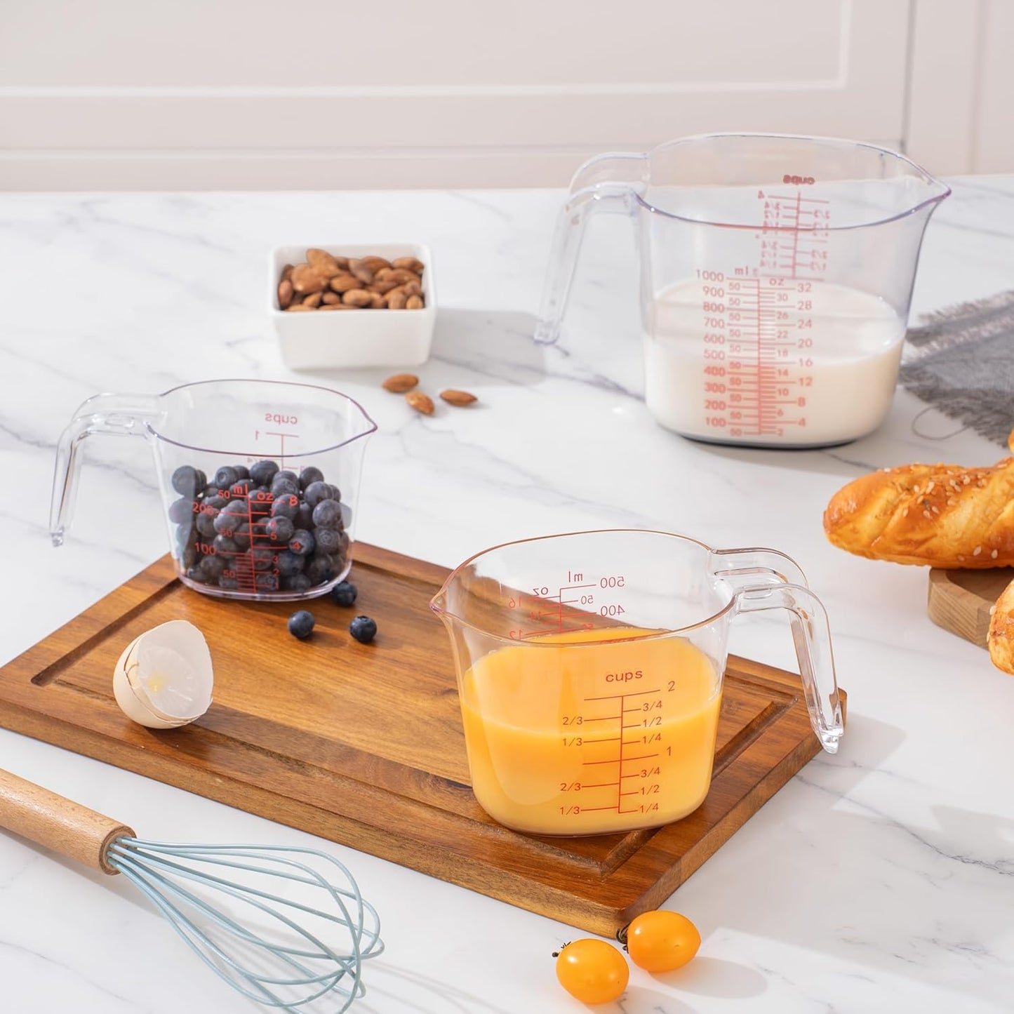 3PCS Nesting Liquid Measuring Cups Set, Measuring Jugs For Kitchen 1 Cup/250ml/8oz, 2 Cup/500ml/16oz,4 Cup/1000ml/32oz - BPA Free Plastic Set with Spout Multiple Measurement Scales (Clear)