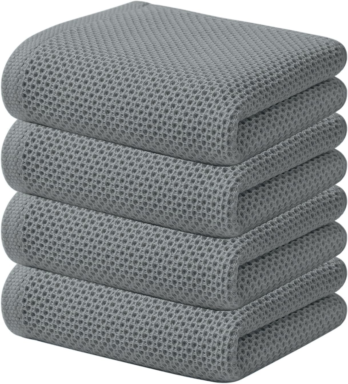Kitinjoy 100% Cotton Waffle Weave Kitchen Towels (13 X 28 Inches, Grey), 4-Pack Super Soft and Absorbent Dish Towel for Drying Dishes, Kitchen Hand Towels