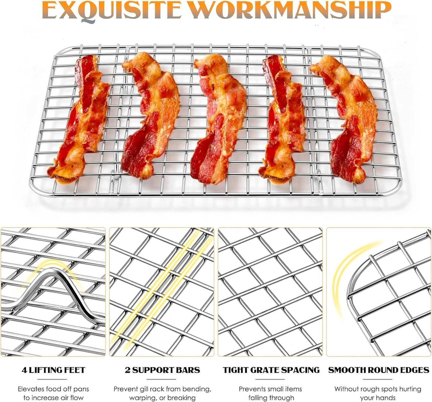 Small Baking Cooling Rack Set of 2, E-far Stainless Steel Toaster Oven Rack for Cooking Roasting Grilling Broiling Meat Bacon, 9.7” x 7.3” Metal Bakeable Wire Racks for Cookie Cake - Dishwasher Safe