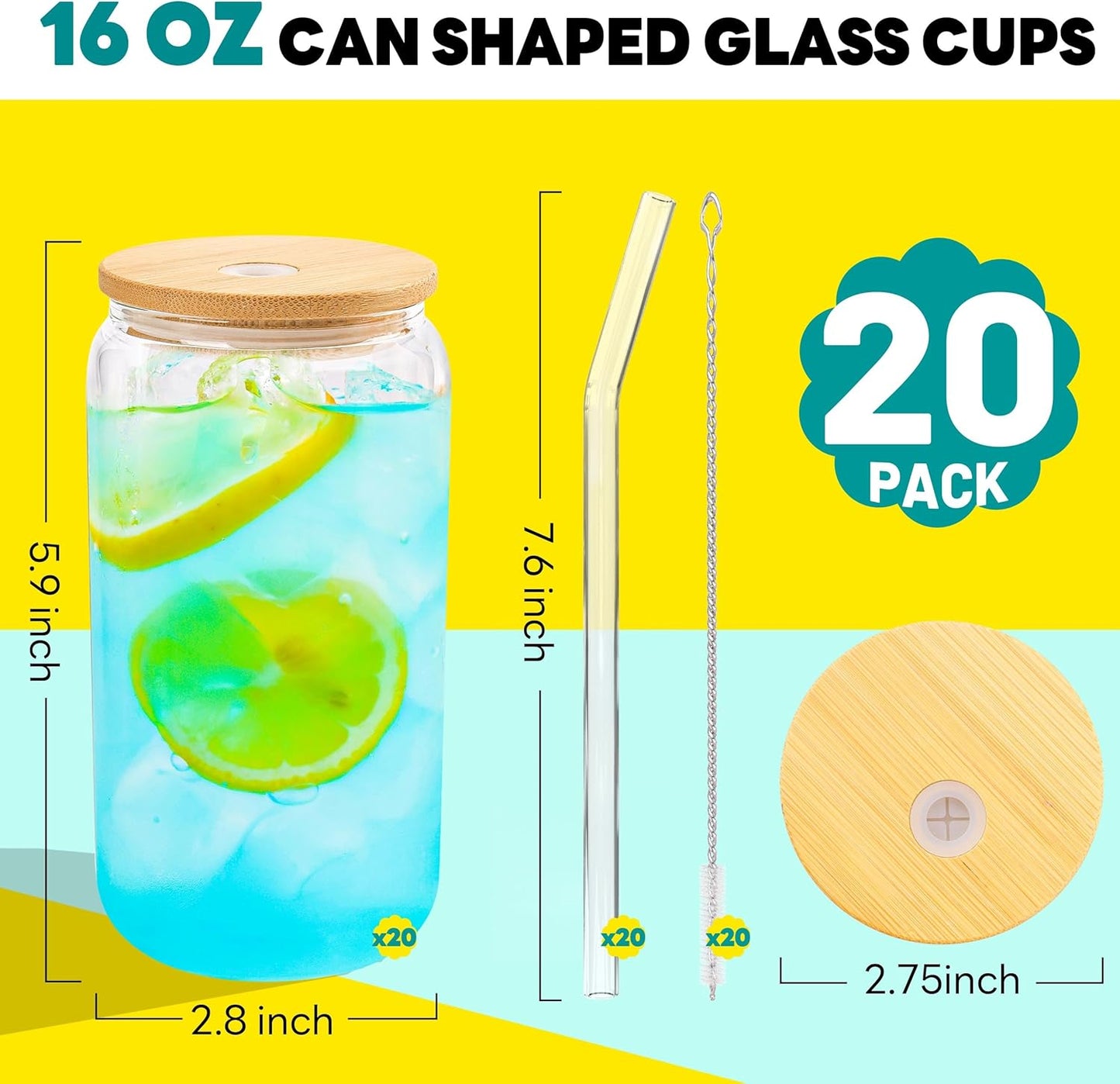 Joyclub Glass Cups with Bamboo Lids and Straws 20 Set 16 oz Reusable Iced Coffee Cup Beer Can Drinking Jars for Smoothie Whiskey Boba Soda Tea Gift