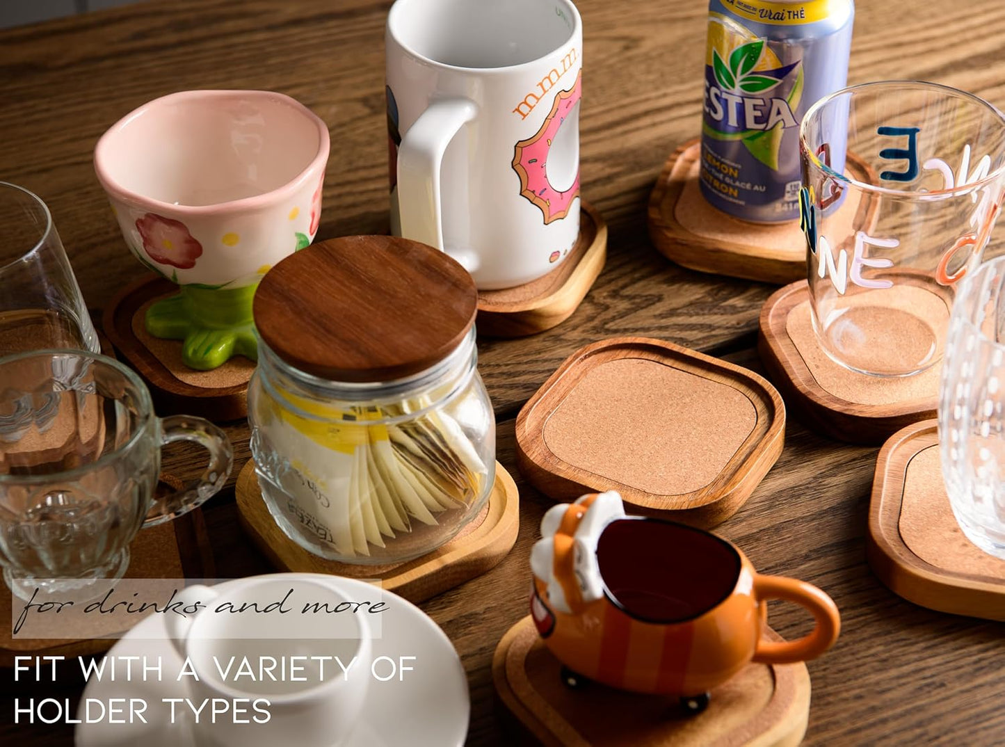 Acacia Wood Coasters for Drinks, 4.13 Inch, Set of 6, Squircles Insulation and Absorbent Cork Stackable Cup Holder, Rustic Coasters for Coffee Table, Designed by S1EGAN