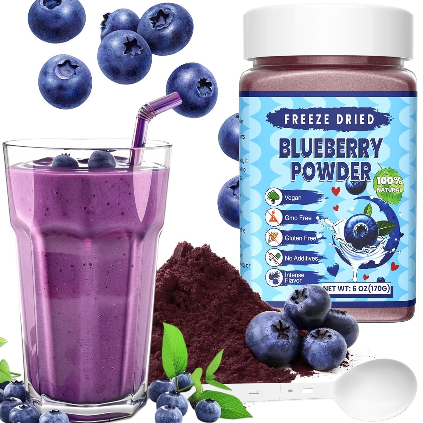 Freeze Dried Blueberry Powder - Kiigfood 6 oz/170g Natural Blueberry Powder Fruit Powder, Organic Blueberry Extract for Smoothie, Drinks, Baking, Cakes Decoration - Vegan, Non-GMO, Gluten-Free