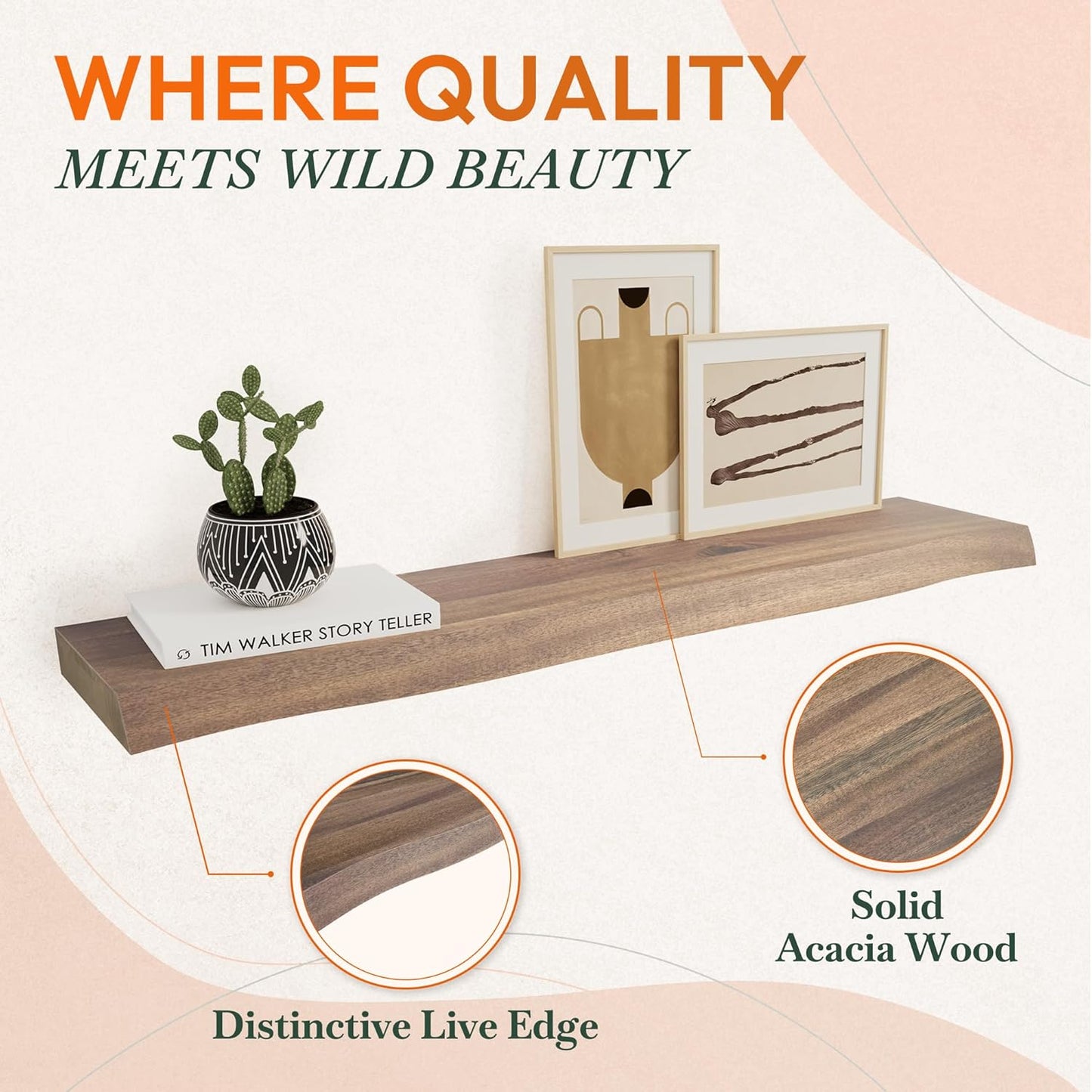 24" Acacia Live Edge Floating Shelves Set of 2 - Wall Mounted Wooden Shelf for Stylish Home Décor - Dark Walnut Color 24x7.5x1.5 Inches