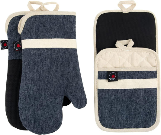 Oven Mitts and PotHolders Sets, 4 Pcs Kitchen Oven Glove High Heat Resistant 400°F Pot Holders for Kitchen, Non-Slip Neoprene Oven Mitts are Suitable for Cooking, Baking (Black)
