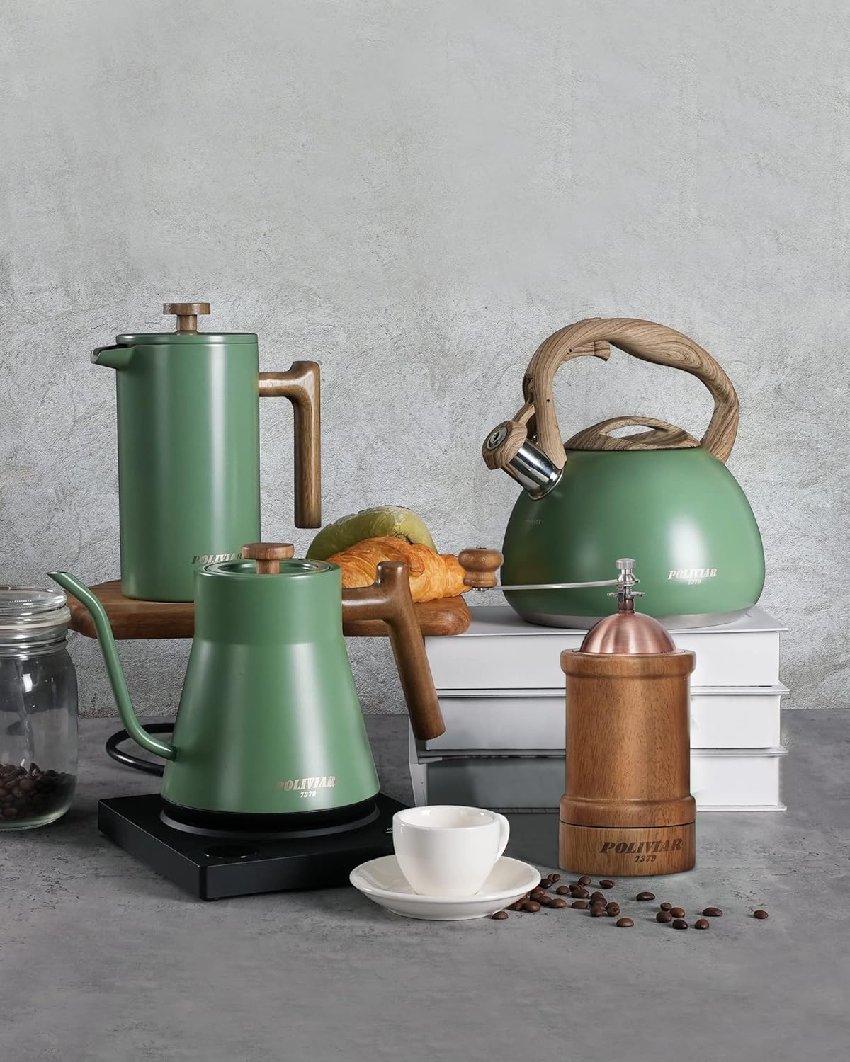 POLIVIAR Manual Coffee Grinder, Coffee Bean Grinder with Adjustable Ceramic Burr, Vintage Style Wooden Hand Coffee Grinder, Large Capacity Burr Coffee Grinder with Brush and Spoon (JX2022-CG20)