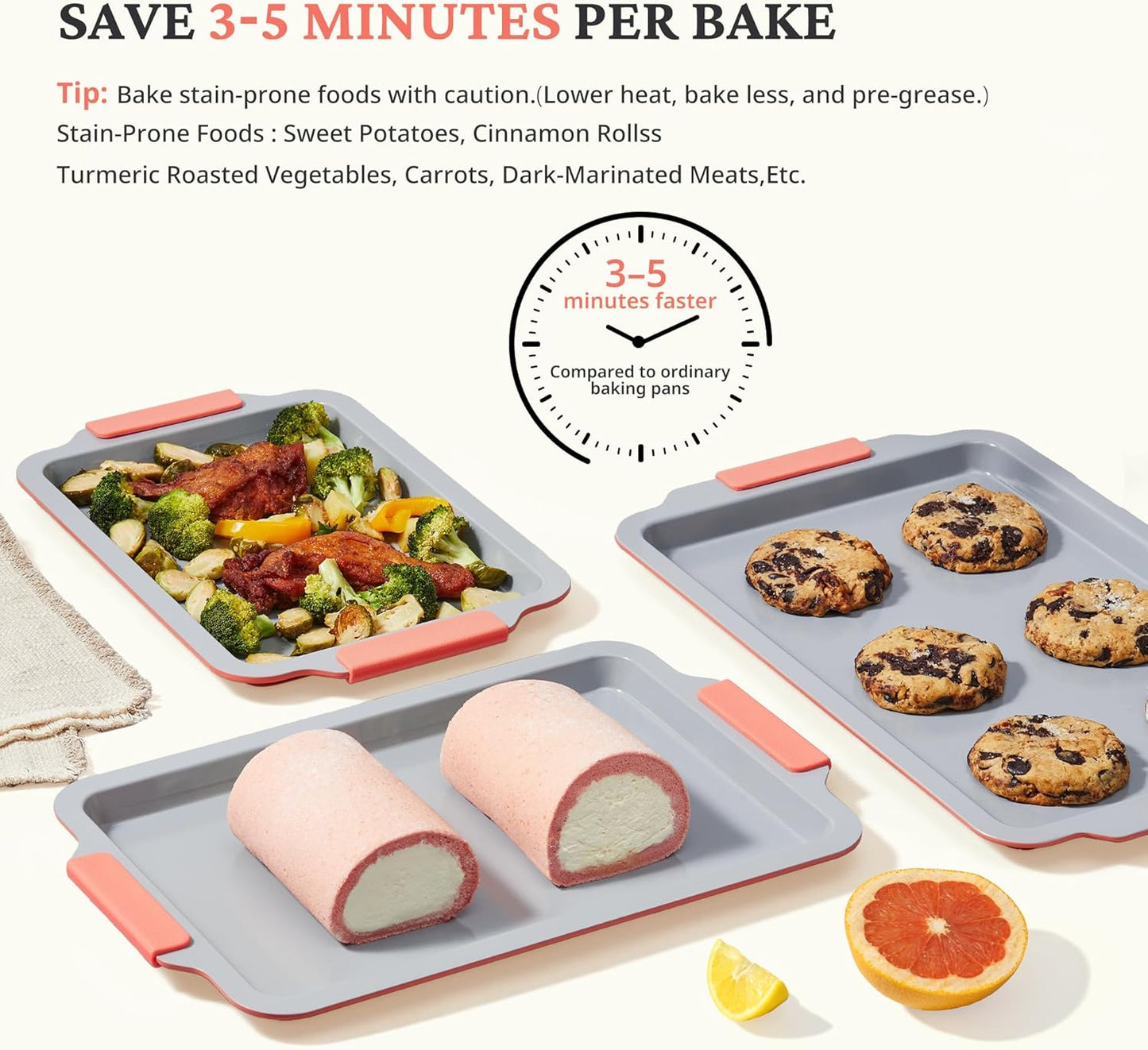 BRONYPRO Non Stick Ceramic Baking Sheet Pan Set of 3, Natural Non Toxic Cookie Sheets for Baking - PFOA, PTFE Free, Heavy Duty Aluminized Steel Oven Trays for Cooking with Silicone Handles, Coral