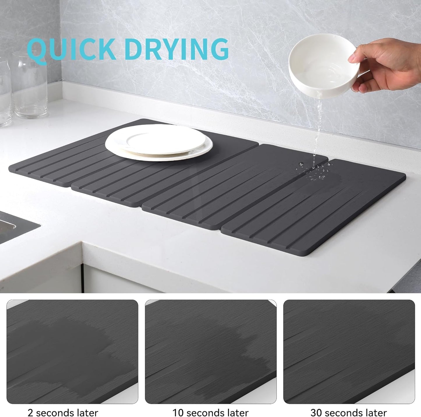 Extral Large Quick Dry Stone Drying Mat for Kitchen Counter,28x16 Inch Collapsible Eco-Friendly Absorbent Diatomaceous Earth Mat for Dishes Cups (Deep Gray-Upgraded Version, 16x12 inch)