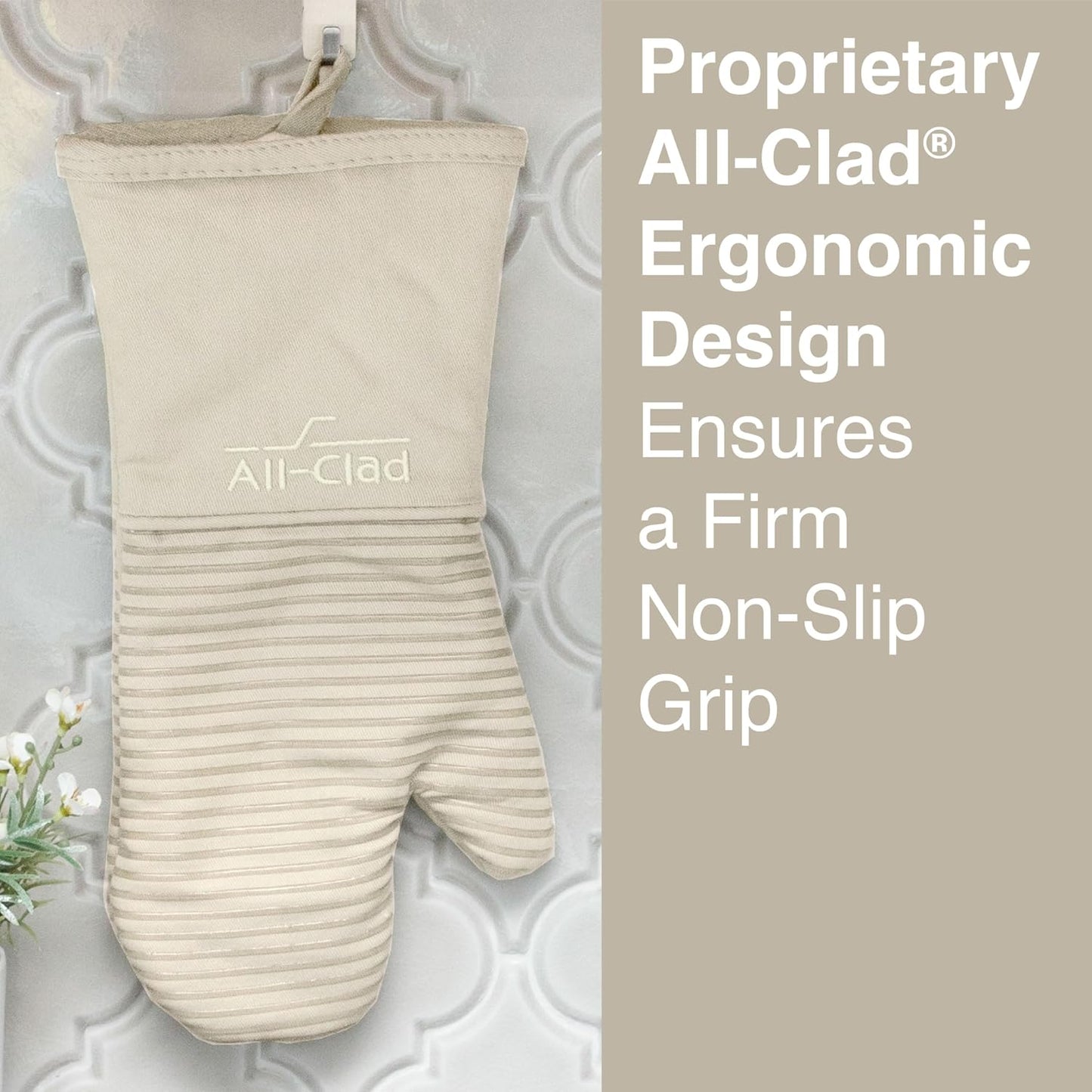 All-Clad Silicone Oven Mitts: Heat Resistant up to 500 Degrees - 100% Cotton & Silicone, 14"x7" Oven Mitt for Kitchen and Barbeque, 2-Pack, Almond