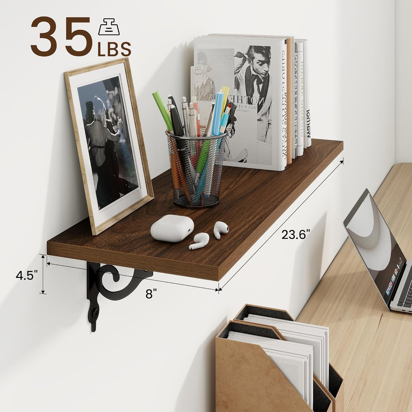 RICHFOCUS Floating Shelves for Wall Decor, 24Inch Wall Shelves Set of 2, 24W x 8D Floating Shelves Wall Mounted with Metal Brackets, Rustic Wood Shelves for Living Room Bedroom Kitchen, Walnut