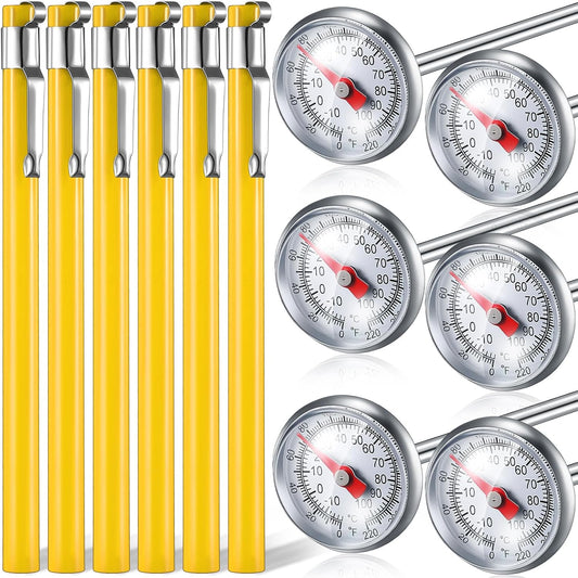 Xuhal 6 Pcs Stainless Steel Kitchen Thermometer with 5 Inch Long Stem 1 Inch Dial Thermometer Milk Frothing Food for Oven Probe Meat Grill BBQ Cooking Chocolate Water(Yellow)