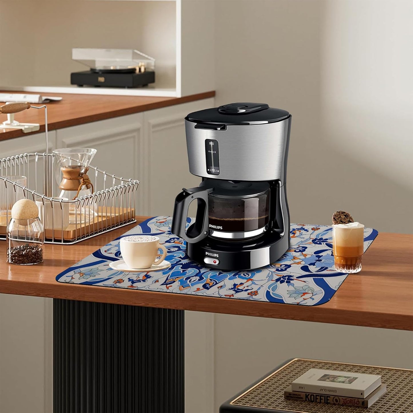 Dish Drying Mat Mandala Blue Floral Kitchen Mat 16"x24" Bsorbent Coffee Maker Mat for Dishes,Utensils Coffee Maker Pots and Pans Easy Clean Dish Slip Resistant Pad