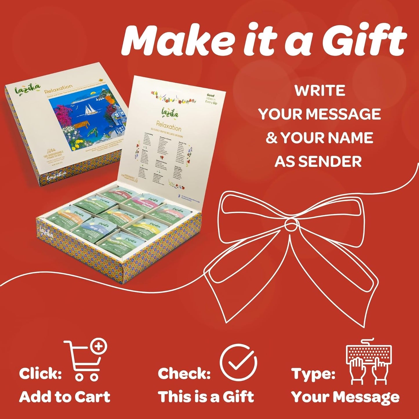 Lazika Herbal Tea Variety Pack with Lovely Presentation Box, 54 Counts, Relaxation Tea Assortment Gift Set, Premium Collection with Pyramid Infuser Bag, Handcrafted