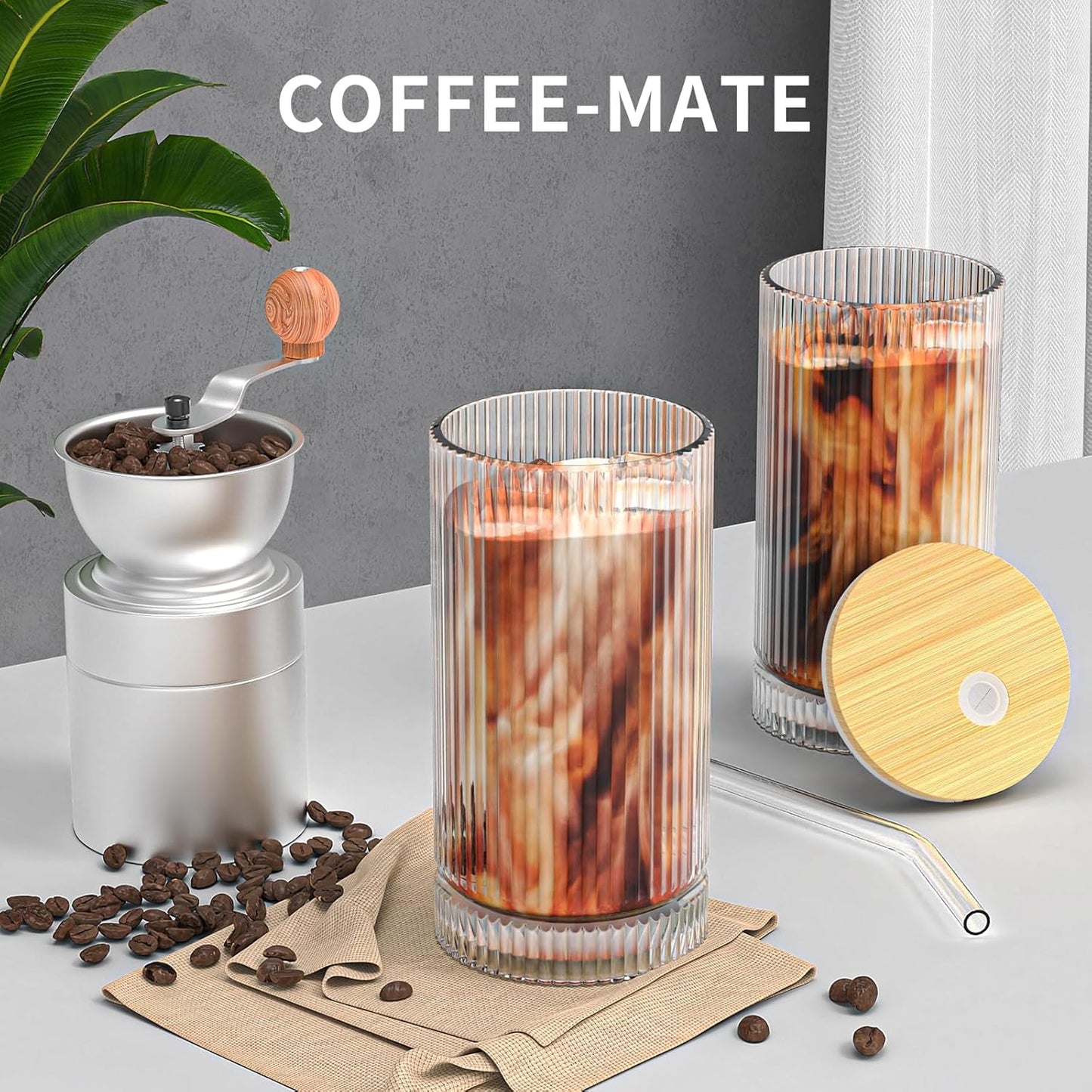 15 Oz Glass Cups with Lid and Straw, Iced Coffee Cups with Lid, Vintage Glassware for Whiskey Cocktail Beer (4 PACK)