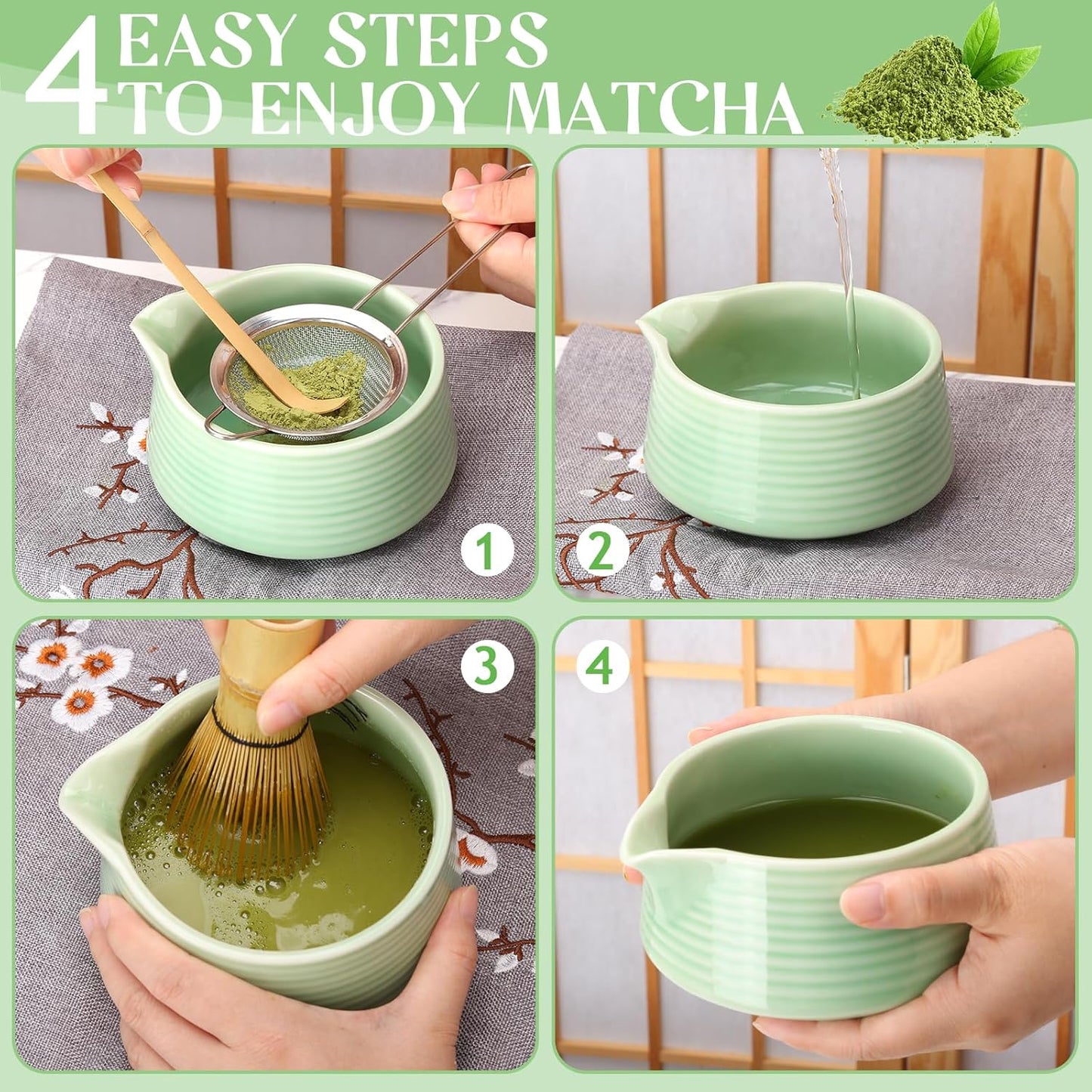 Matcha Whisk Set, Matcha Bowl with Spout, Matcha Whisk and Holder, Bamboo Scoop and Stainless Sifter - 5 Pcs Jade Green Matcha Kit for Matcha Lover