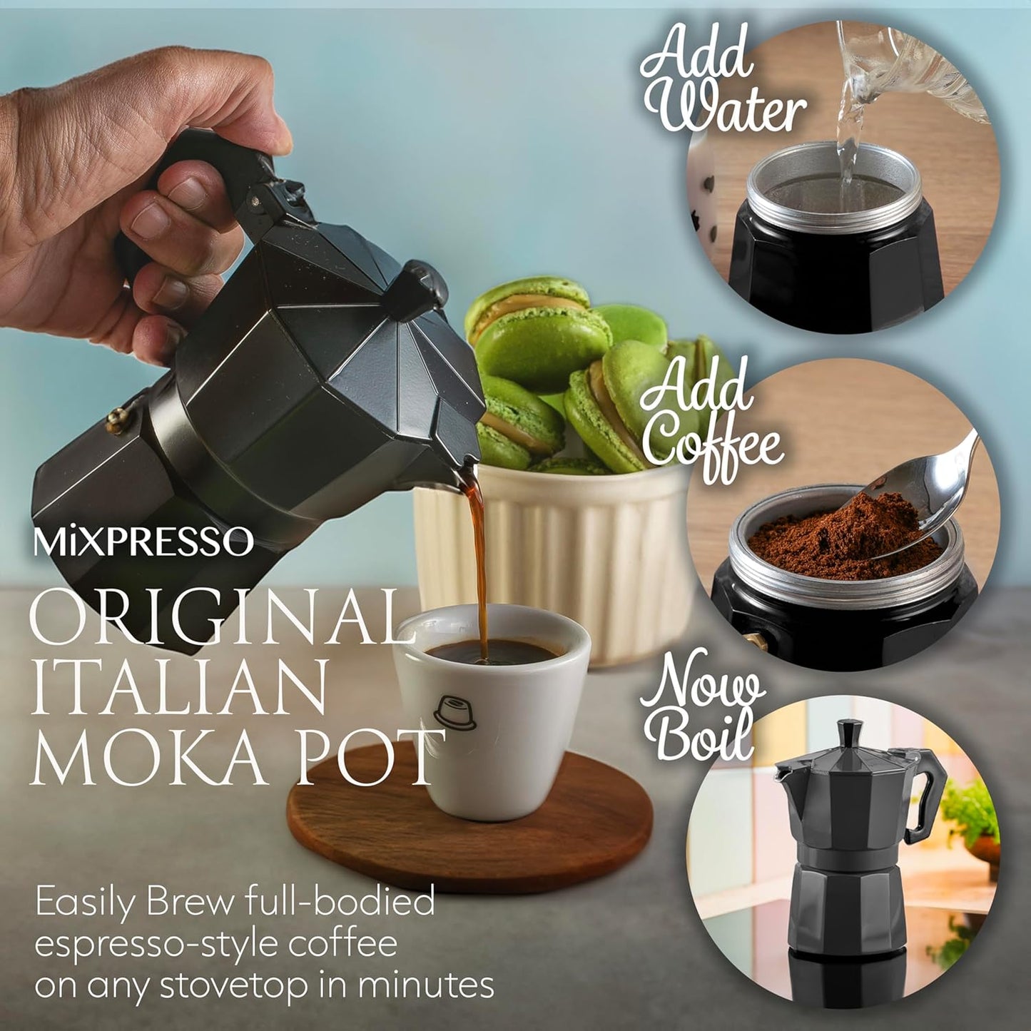 Mixpresso Black 3 Cup Moka Pot Cuban Coffee Maker, Moka Pot for Gas, Electric Stove Top, Classic Italian Coffee Maker, Stovetop Espresso Maker, Camping Pot Makes 3 Espresso Cup 5 Oz - Mug 4.4 Oz