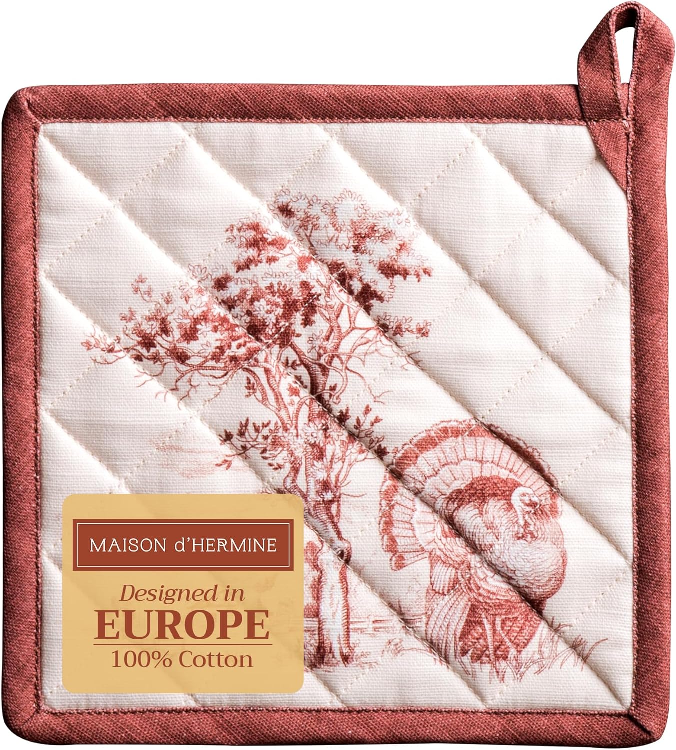 Maison d' Hermine Pot Holders 100% Cotton Heat Resistant Potholders 8" x 8" Hot Pads with Loop BBQ, Cooking, Baking, Grilling, Kitchen, Handling Hot Pans (Pack of 1, Holy Jouy - Brown)