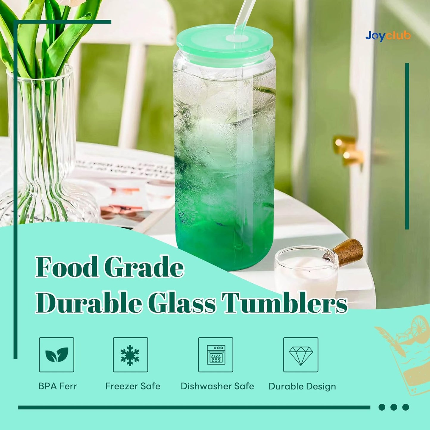 Joyclub 20oz Glass Cups with Acrylic Lids and Straws 12 Set Can Shaped Glass Iced Coffee Cups with Lids, Gradient Drinking Glasses Cute Tumbler Cup Great for Smoothie Soda Boba Tea Cocktail Beer Gift