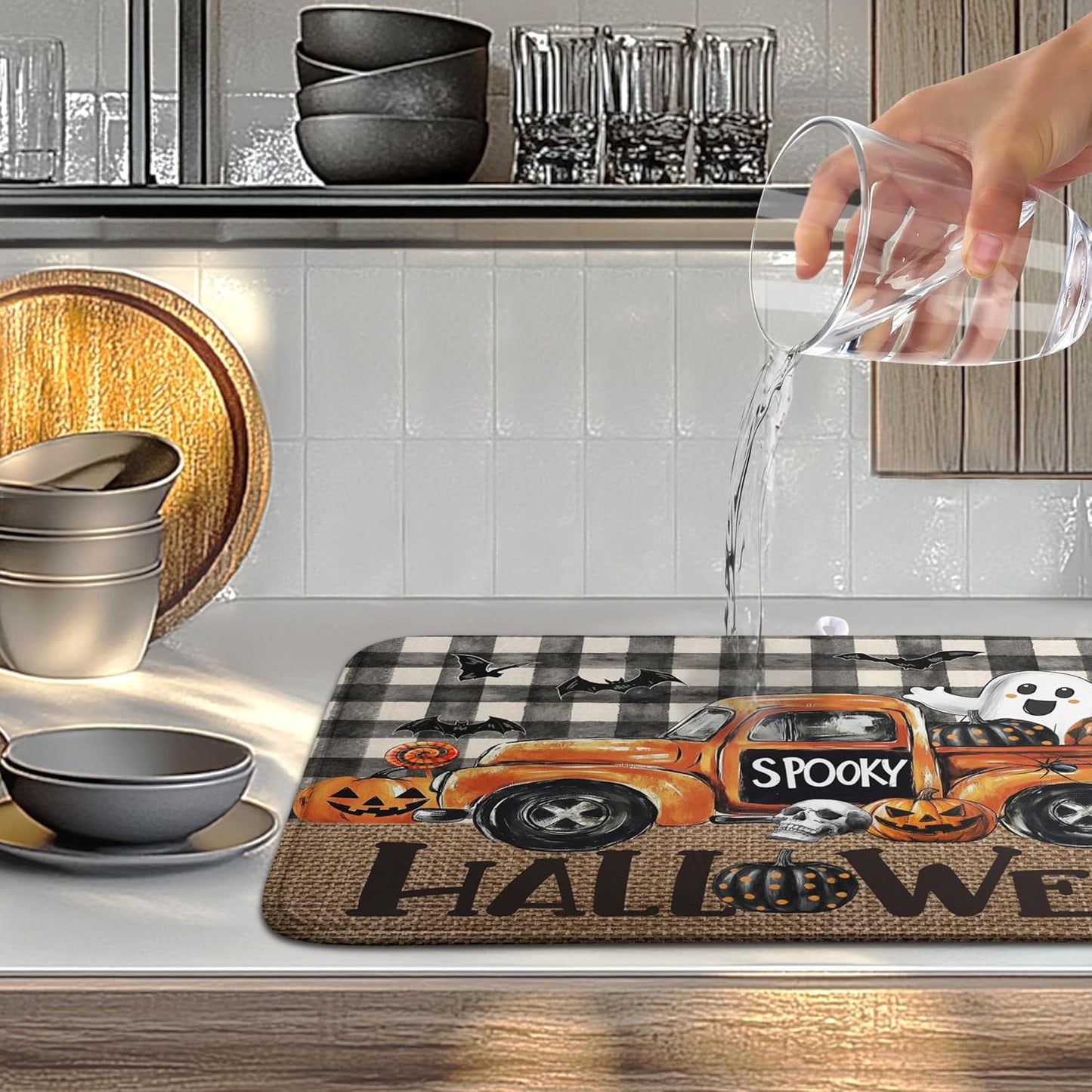 Halloween Buffalo Plaid Dish Drying Mat Fall Pumpkin Rustic Large Kitchen Mats Dish Drying Pad Absorbent Dish Dryer Mat for Kitchen Countertops Microfiber Drainer Pad Dish Drying Mats (18x24 in)