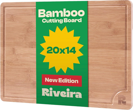 Riveira Brown Bamboo Wood Cutting Board – Gourmet Bamboo Grandeur: 20 x 14 Wooden Cutting Board – Wooden Cutting Boards For Kitchen Decorative – Innovative Juice Grooves Wooden Chopping Board