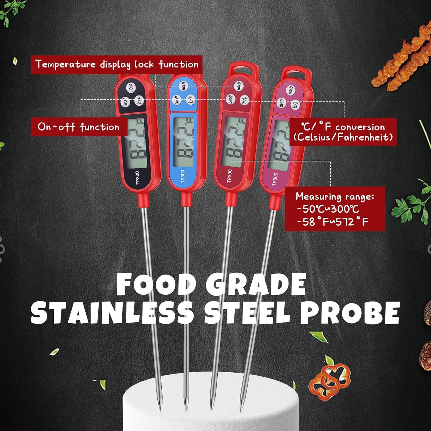 8 Pcs Meat Food Thermometer Food with Probe Water Liquid Instant Read Digital Thermometer Kitchen Cooking Supplies for Cooking BBQ Milk Yogurt (Red,Black,Pink,Blue)