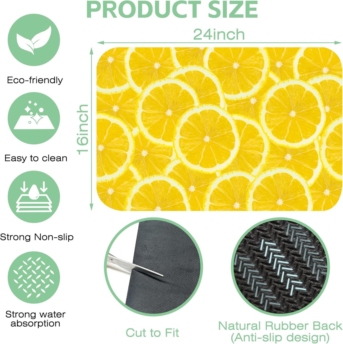 Fresh Yellow Lemon SliceDish Drying Mat,16"X24" Absorbent Fast Dish Drying Mat for Kitchen Counter Pot and Pan, Kitchen Accessories