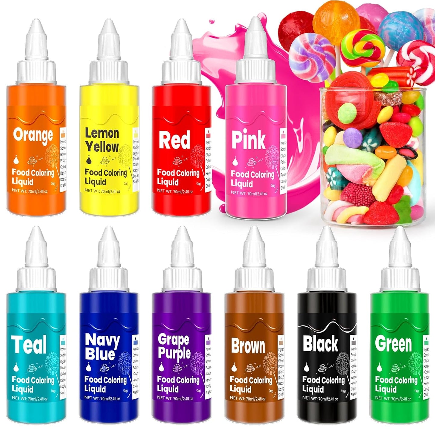 Food Coloring Liquid -10 Colors x 70ml Food Dye Set, Large Capacity Vibrant Edible Paint for Frosting, Cake Decorations, Easter Egg, Baking, Fondant, Slime Making Kit, Easy to Use - 24 Fl. oz