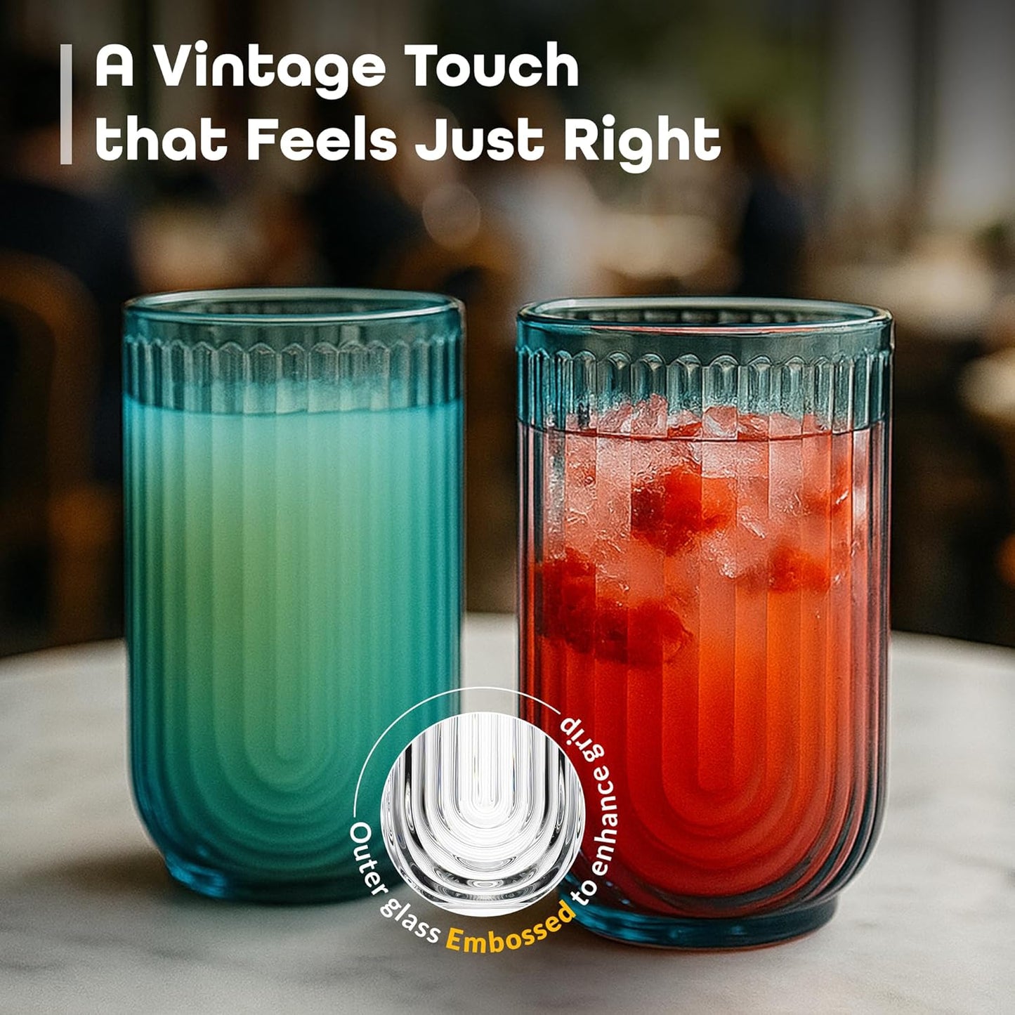 Glaver's Vintage Glassware Art Deco Highball Glasses Set of 4 Blush Ribbed Drinking Glasses 17 Oz U-Shape Arch Design Colored Cocktail Kitchen Tumblers Everyday Dinner Decorative Party, Blue