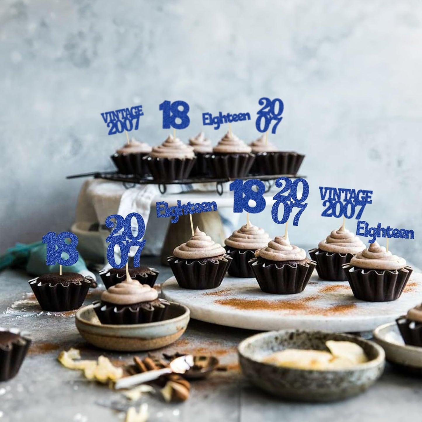 Gyufise 24Pcs 18th Birthday Cupcake Toppers Glitter Eighteen Vintage 2007 Adultish 18 Cupcake Picks Birthday Cake Decorations for Happy 18th Birthday Anniversary Party Supplies Deep Blue