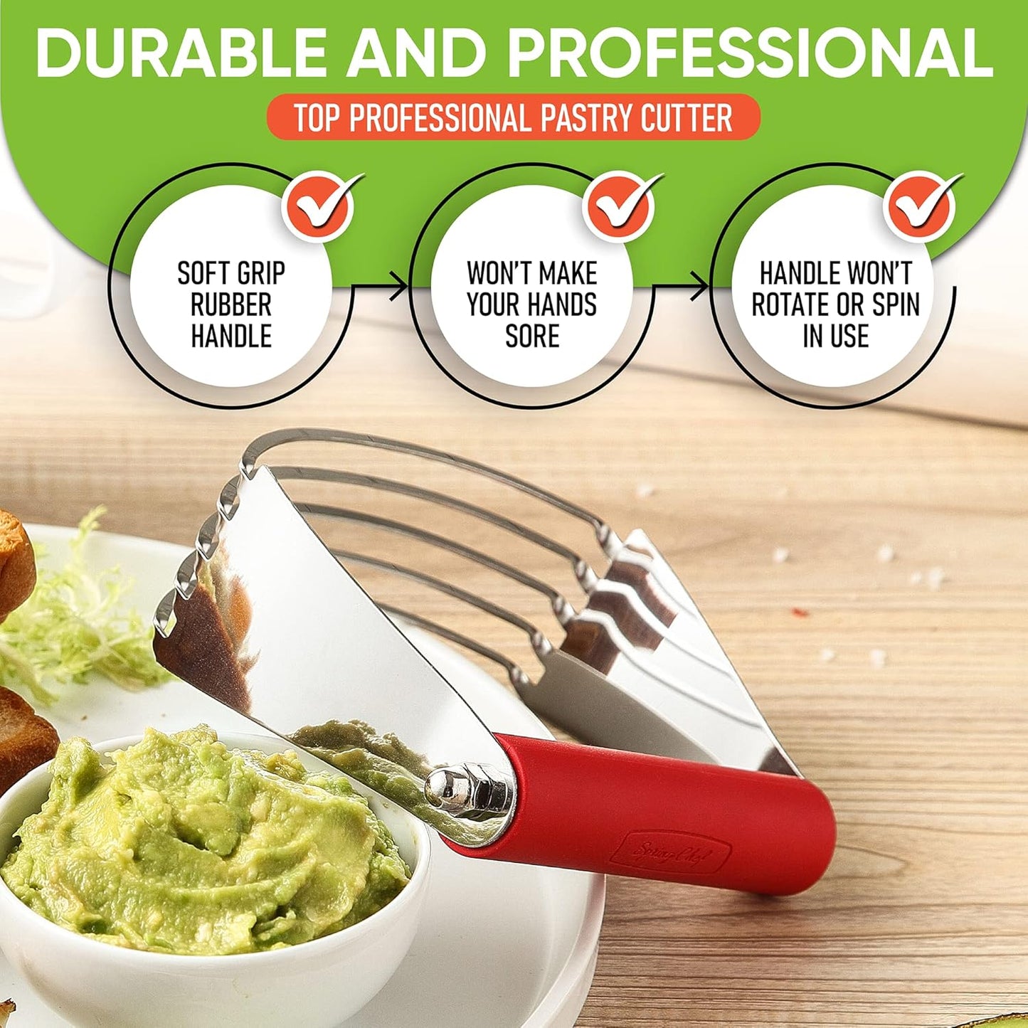 Spring Chef Large Red Dough Blender For Baking, Professional Heavy Duty Dough Cutter Tool with Thick Blades, Stainless Steel Puff Pastry Cutter Tool, Dishwasher Safe Pastry Blender for Easy Mixing