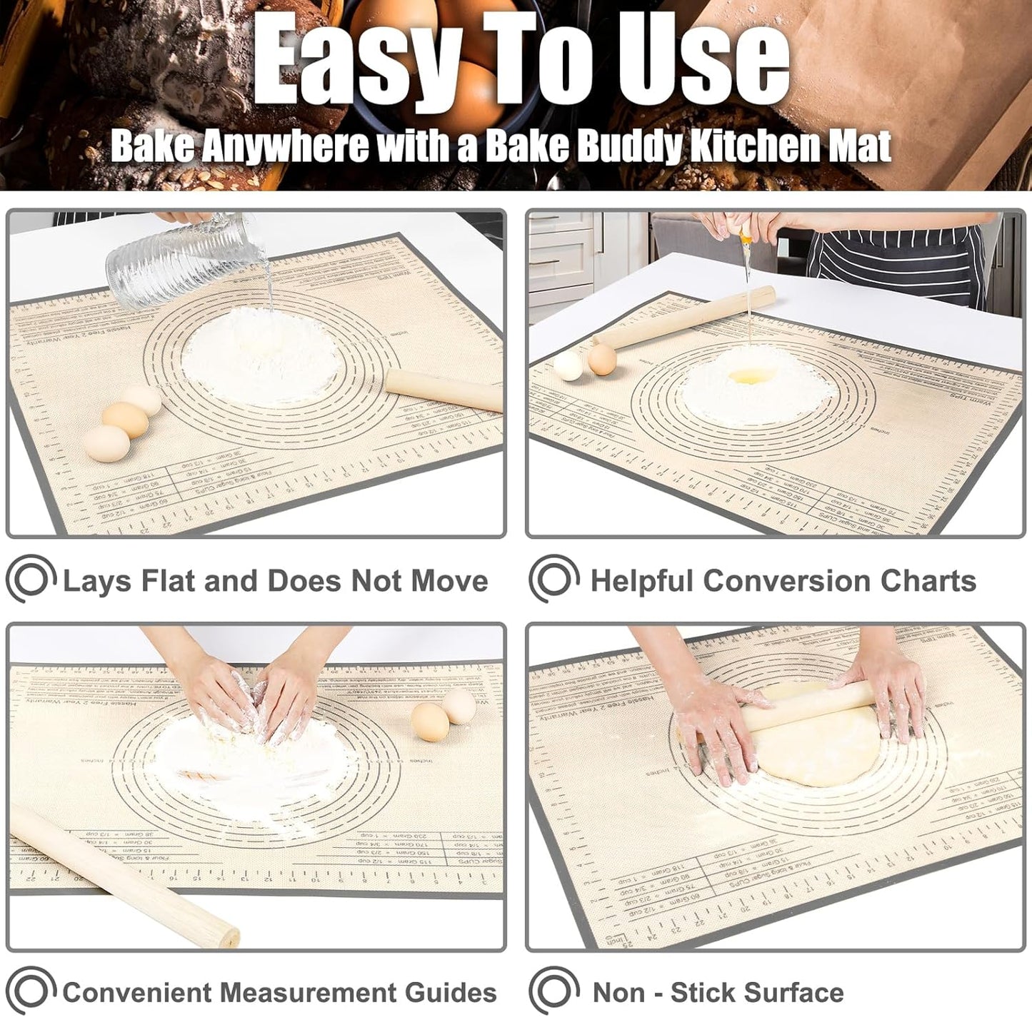 Silicone Pastry Mat 26x34 Inch Nonstick Baking Mat Perfect for Dough Mat, Pastry Board, Kitchen Counter Mat - For Dough, Pastry, Pie Crust, Fondant, Cookies, Bread, Pasta/Pizza, Grey