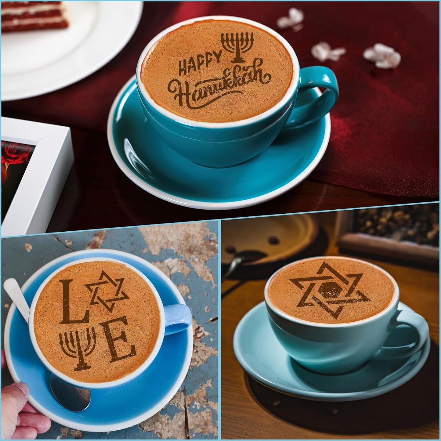 JULBEAR 36 Pcs Reusable Hanukkah Cake Cookie Stencils Dreidel Menorah for Cookies Coffee DIY Hanukkah Holiday Baking Painting Dessert Craft Decoration