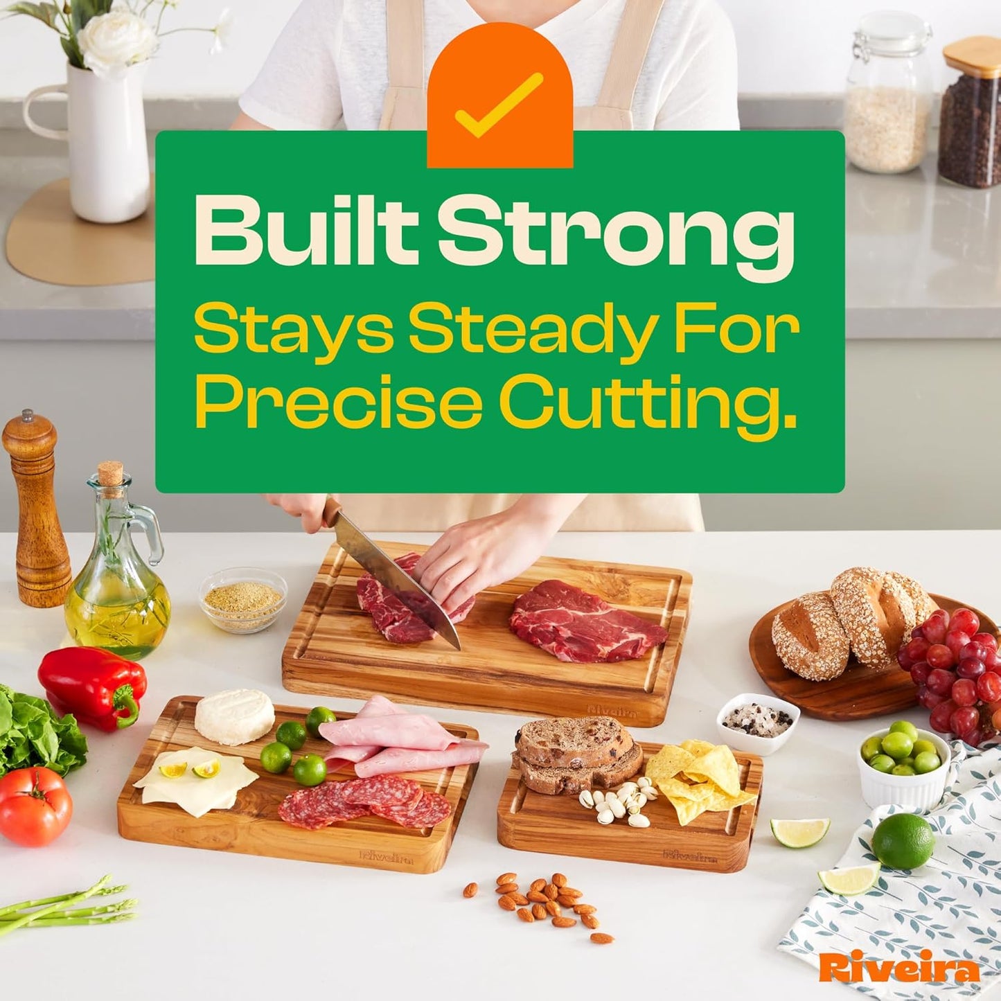 Riveira Teak Wood Cutting Board – Gourmet Teak Grandeur: 20 x 14 Wooden Cutting Board – Natural Wooden Cutting Boards For Kitchen Decorative – Innovative Juice Grooves Teak Wooden Chopping Board