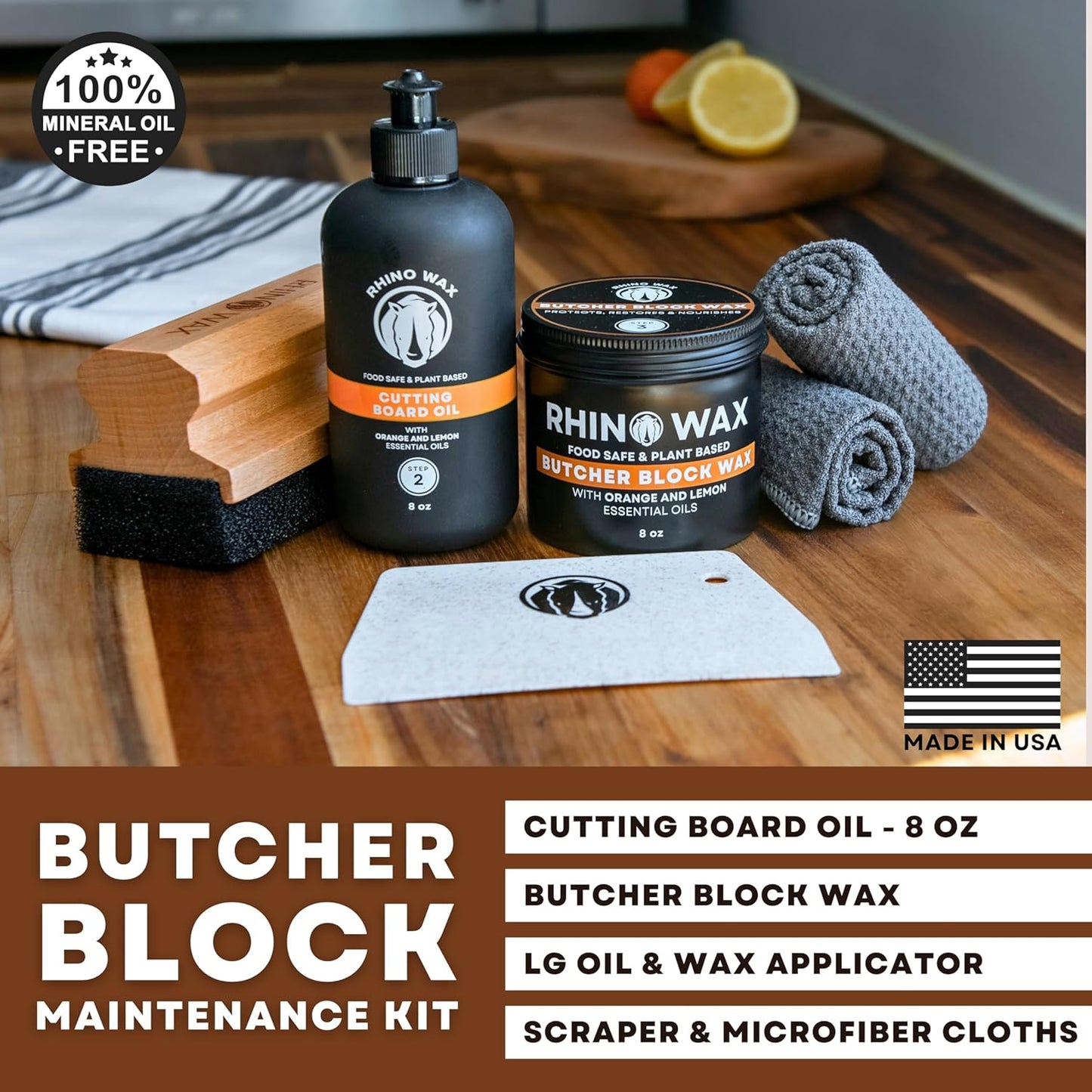 Butcher Block Maintenance Kit - Includes Cutting Board Oil, Wax (Large 8oz Size), Bench Scraper, Large Applicator, 2 Microfiber Cloths - Natural and Food Safe - Made in USA