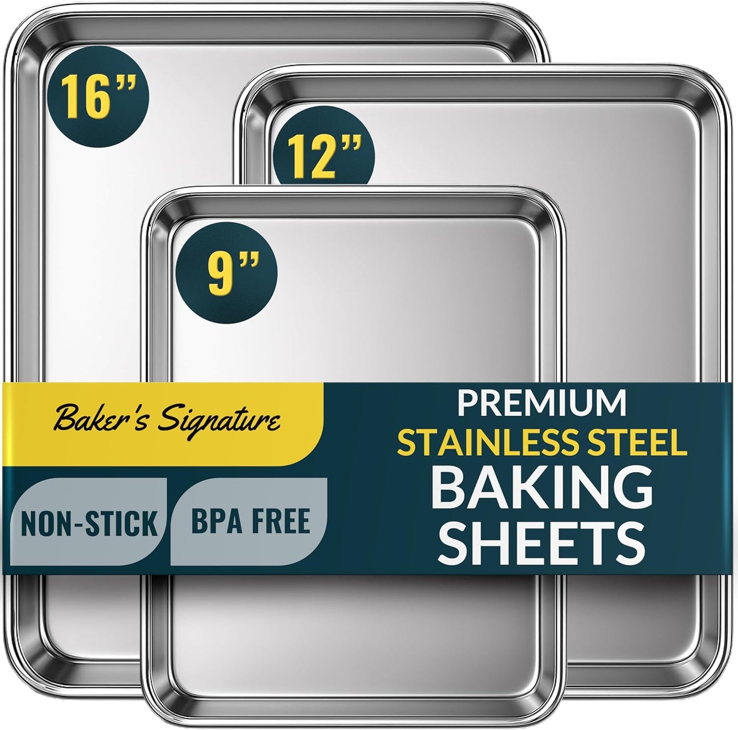 Baker’s Signature Stainless Steel Cookie Sheet Pan, Stainless Steel Baking Sheet Set of 3, Mirror Finish, Non-Stick, Rust Resistant, BPA Free, Dishwasher Safe, 9/12/16 Inch