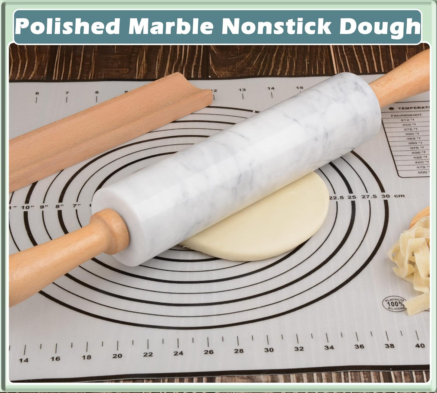 Marble Rolling Pin with Wooden Cradle Thick Handle Set for Baking,18.5 inch Premium Quality Polished Roller for Pizza Dough,Fondant,Pie Crust,Non-Stick Surface Easy to Clean(White)