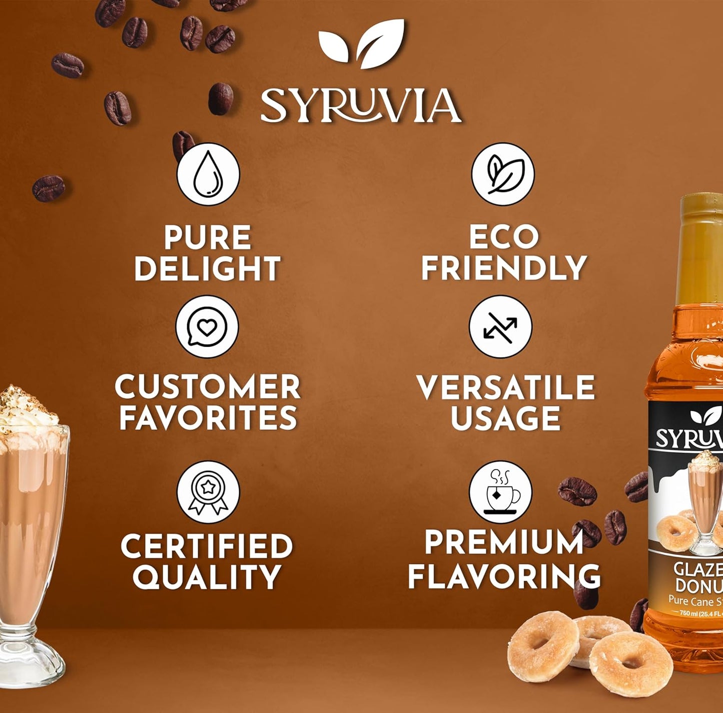 Syruvia Glazed Donut Coffee Syrup - 25.4 fl oz - Kosher Coffee Syrups, Gluten Free, No Coloring, Perfect for Drinks, Soda, Shakes, Desserts, and More.