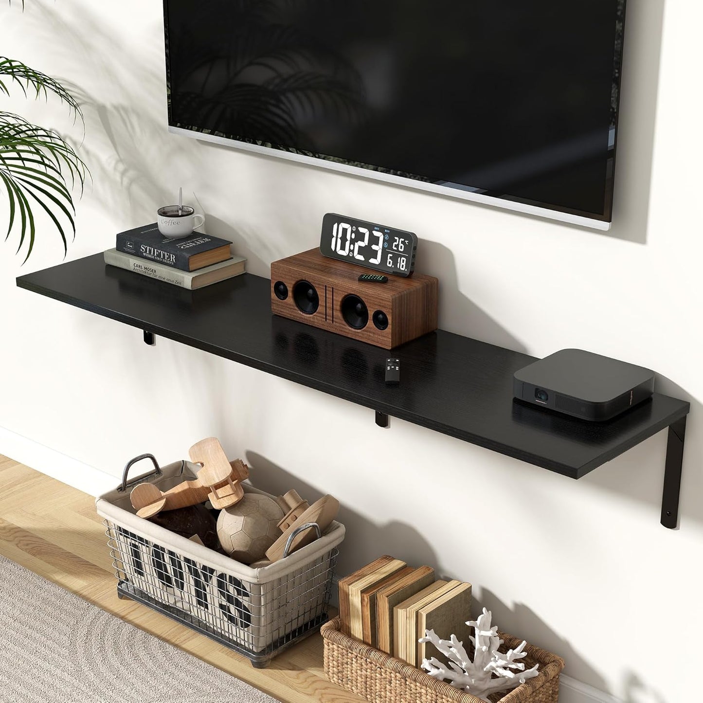 Fun Memories Floating Shelves for Wall, 12 Inch Deep Floating Shelves Set of 2, Wall Mounted Shelf with Metal Brackets, Rustic Wood Wide Shelf for Bathroom, Kitchen and Living Room, Black, 55W x 12D